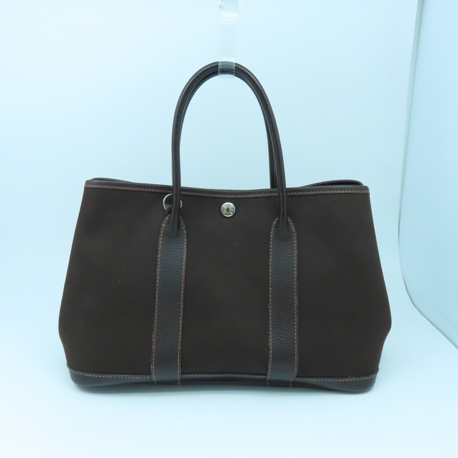 HERMES 帆布Garden Pocket TPM銀扣手挽肩背兩用袋巧克力色