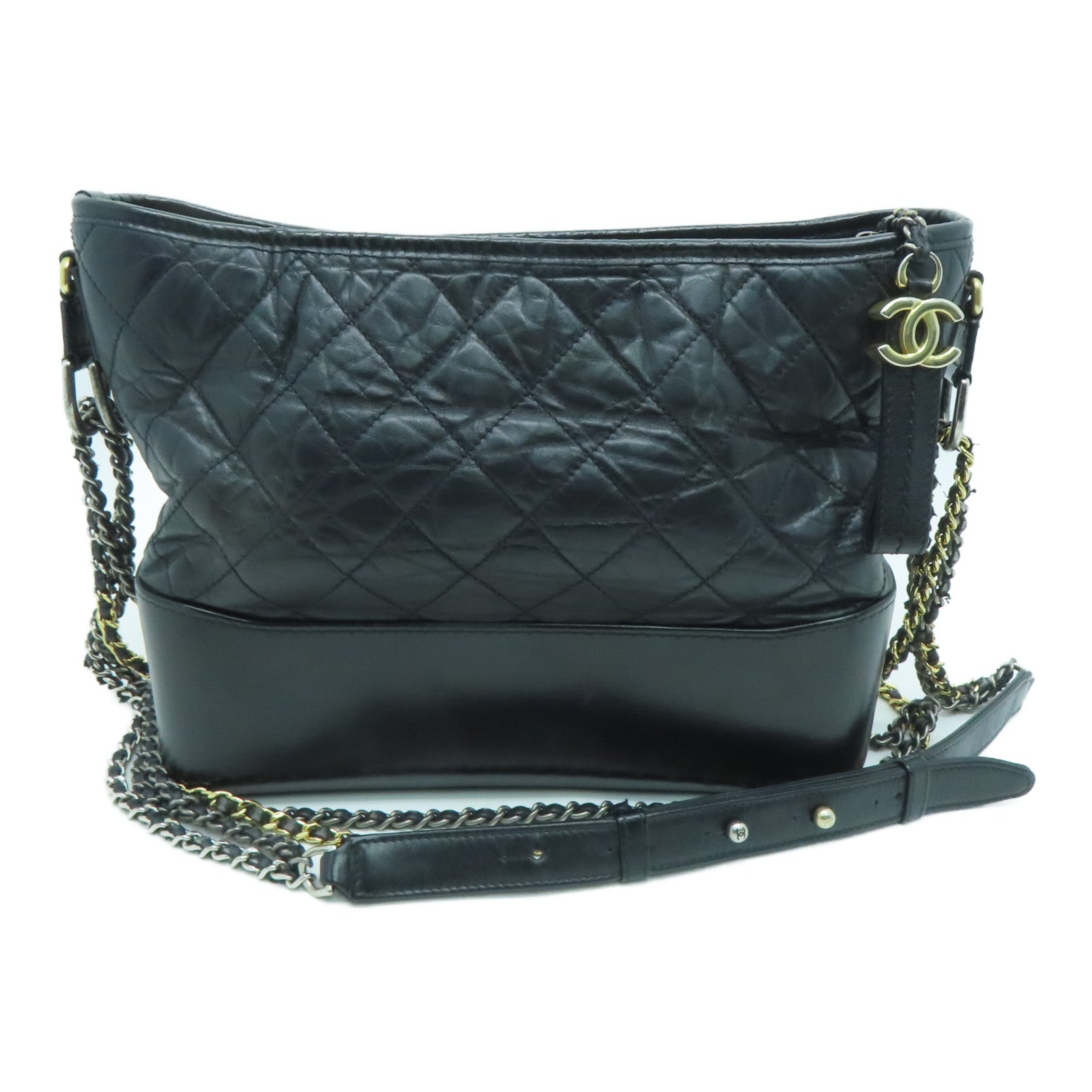 CHANEL 菱格牛皮皮革Gabrielle Medium Shoulder Bag銀扣鏈帶肩背袋黑色