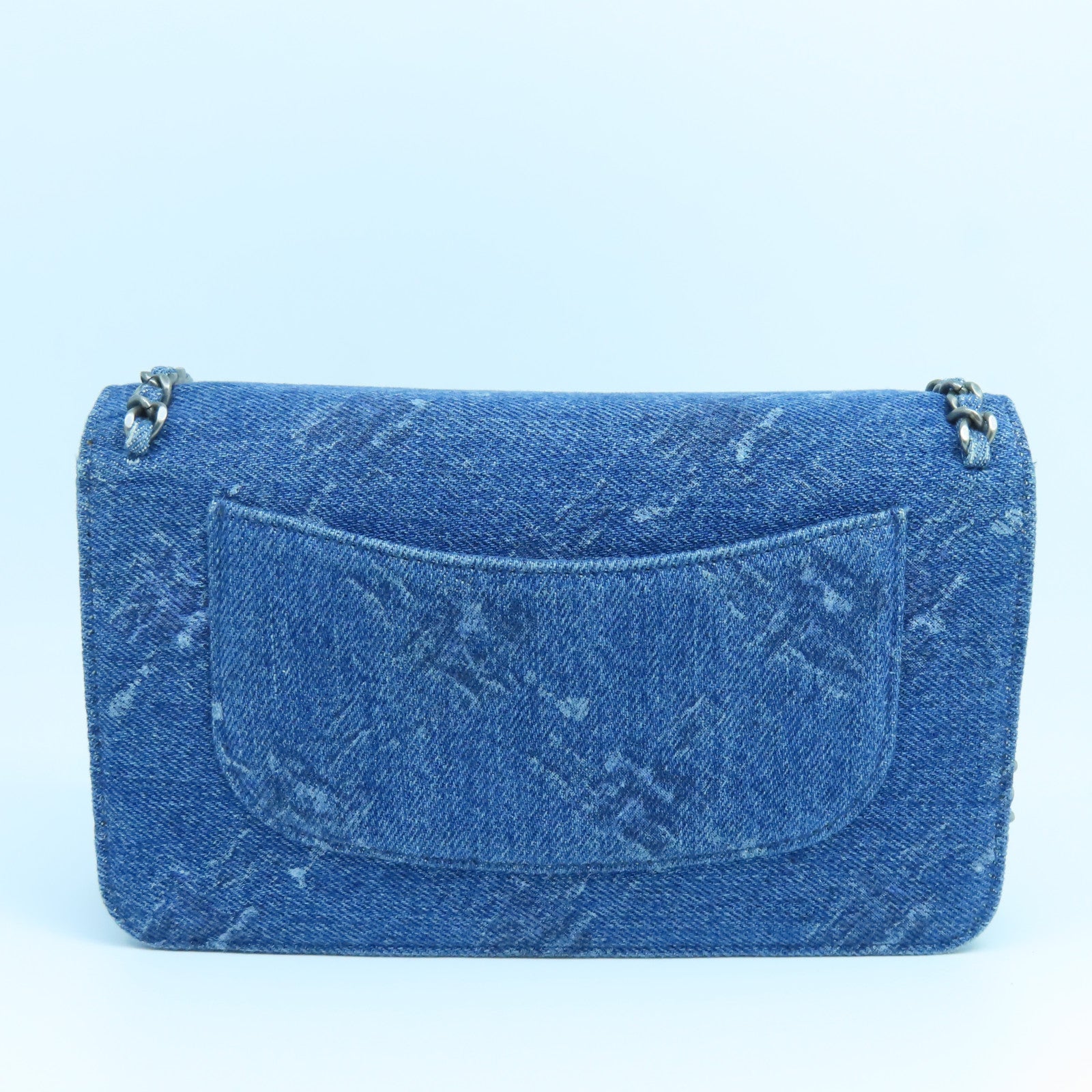 CHANEL 牛仔布Wallet On Chain銀扣鏈帶肩背袋藍色
