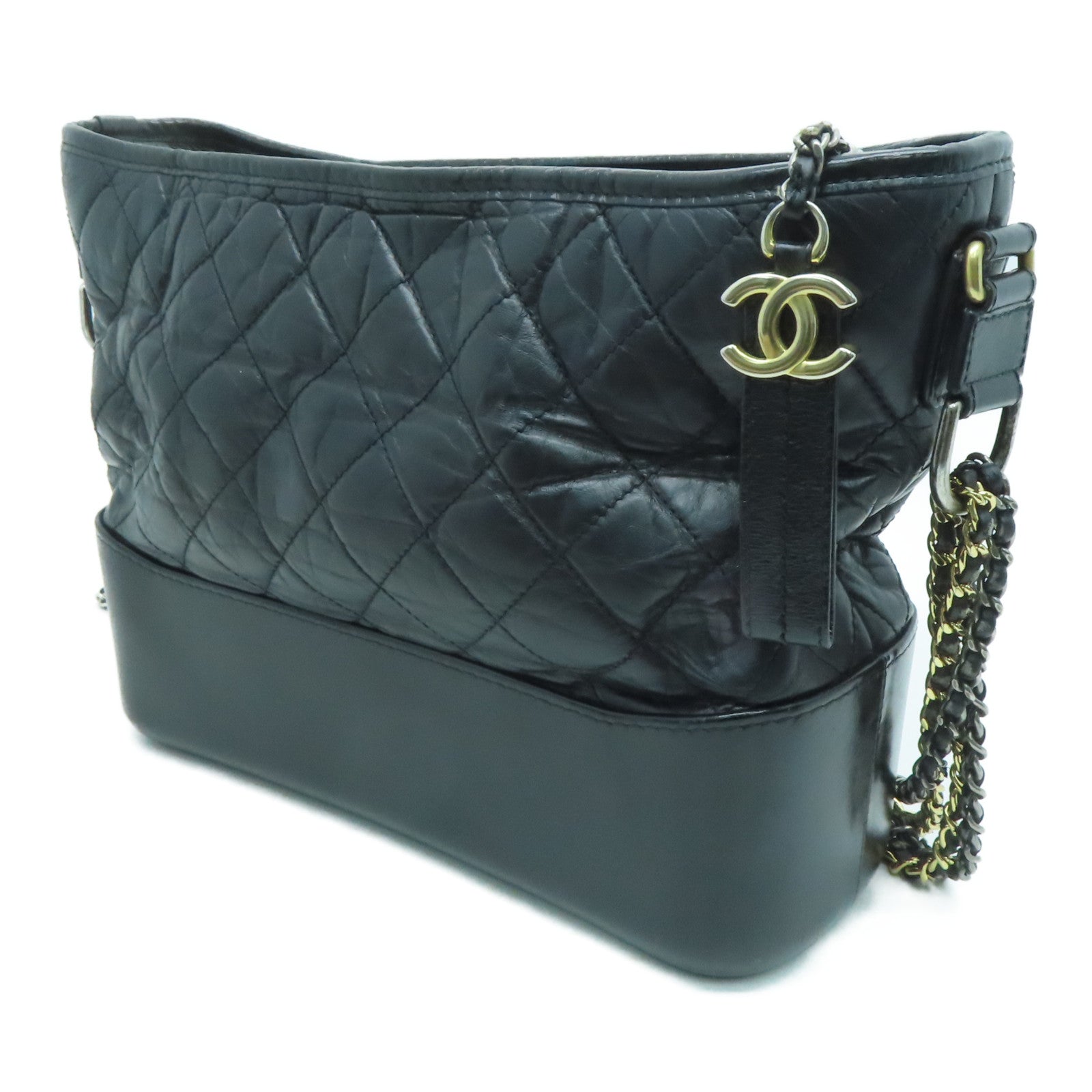 CHANEL 菱格牛皮皮革Gabrielle Medium Shoulder Bag銀扣鏈帶肩背袋黑色