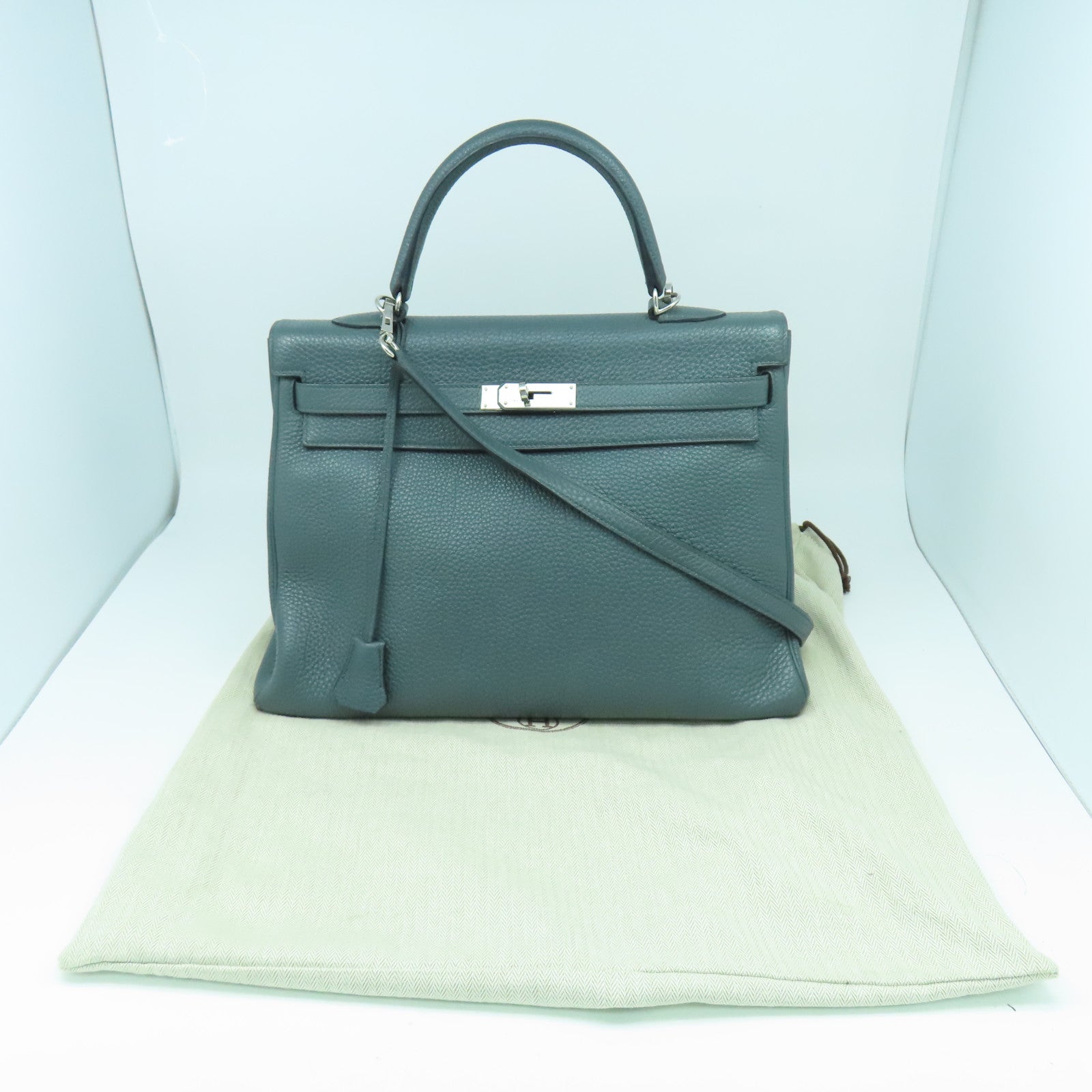 HERMES 【激減優惠】Clemence皮革Kelly 35銀扣手挽肩背兩用袋綠色