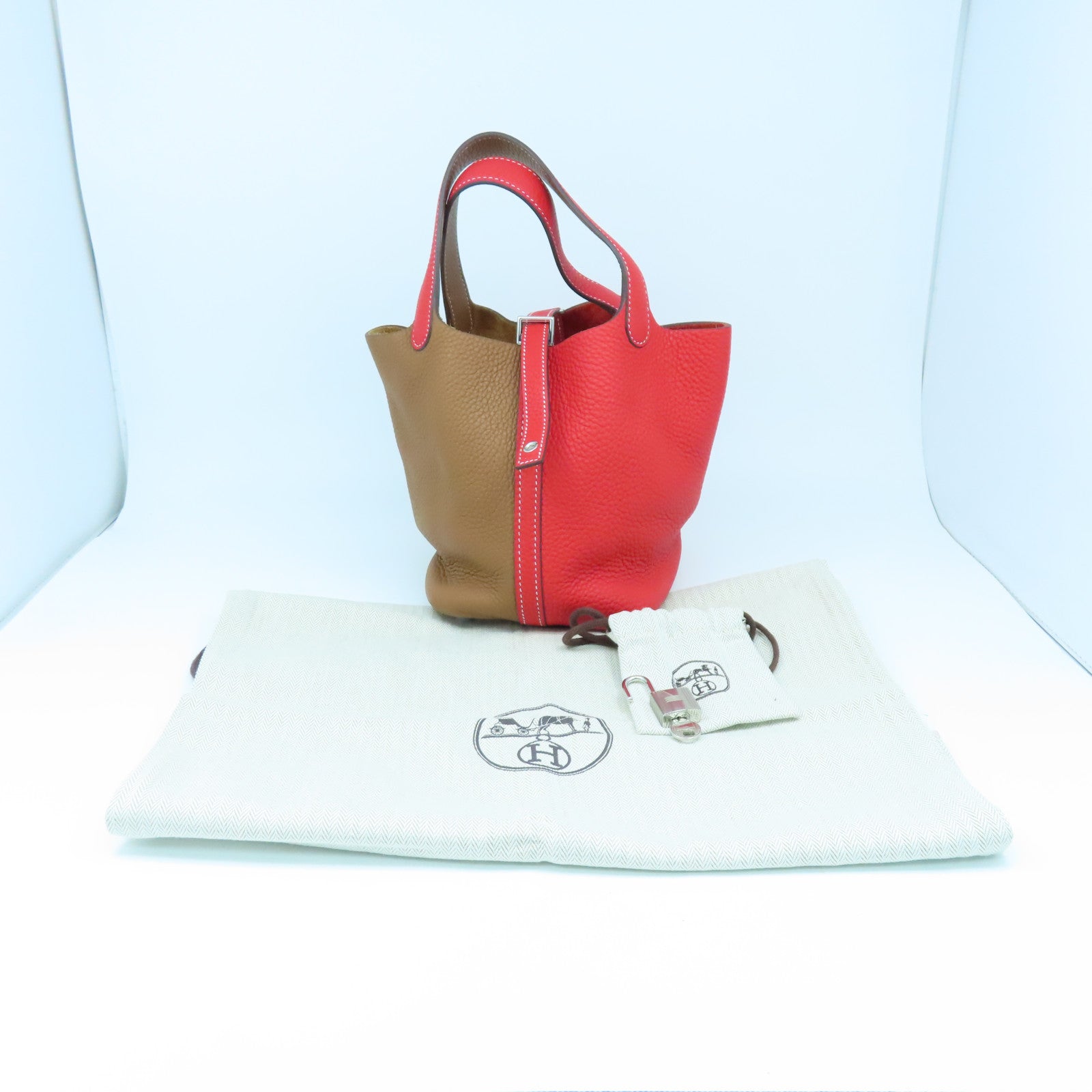 HERMES 【聖誕優惠】Clemence皮革Picotin PM Tote Bag銀扣手挽袋紅色金色