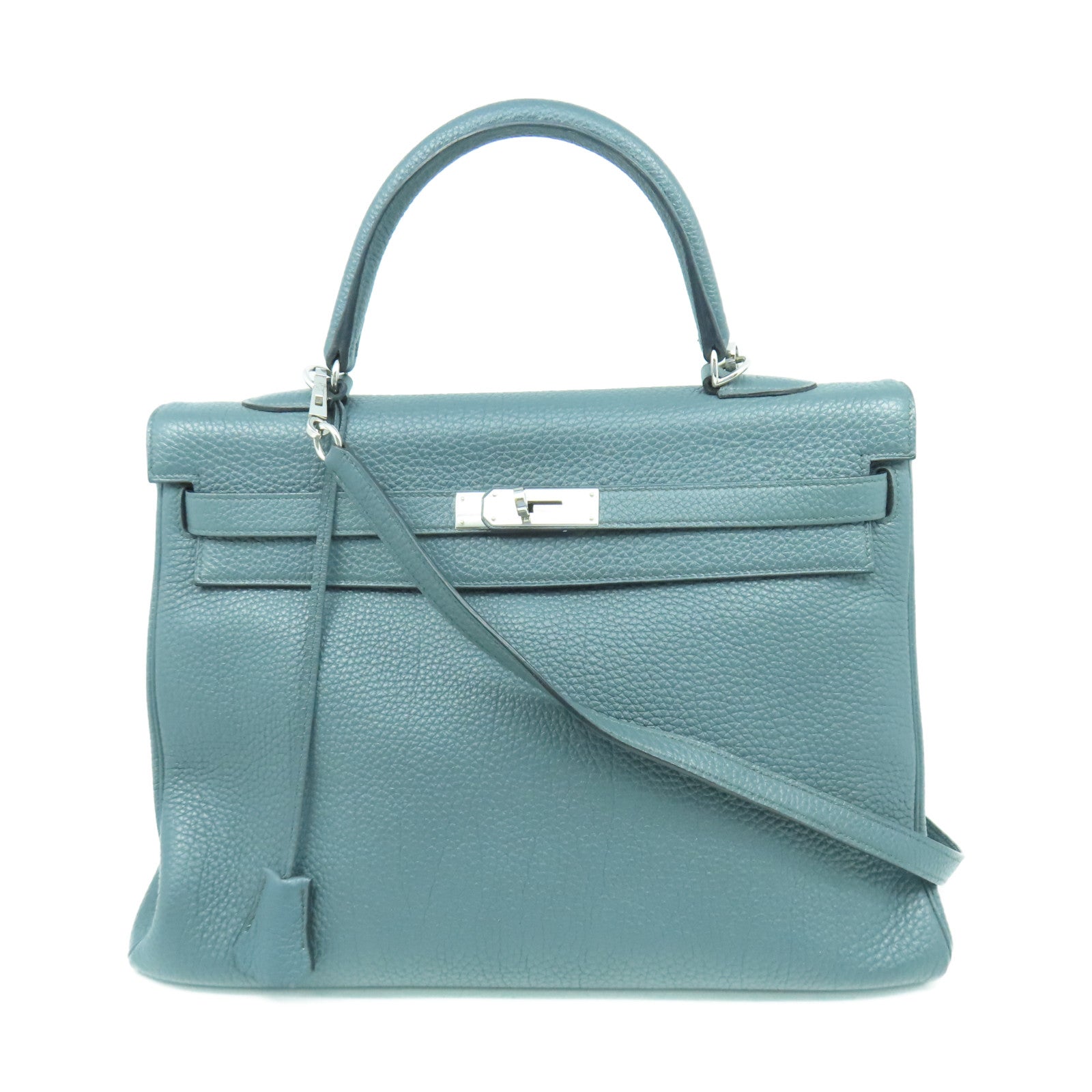 HERMES 【激減優惠】Clemence皮革Kelly 35銀扣手挽肩背兩用袋綠色