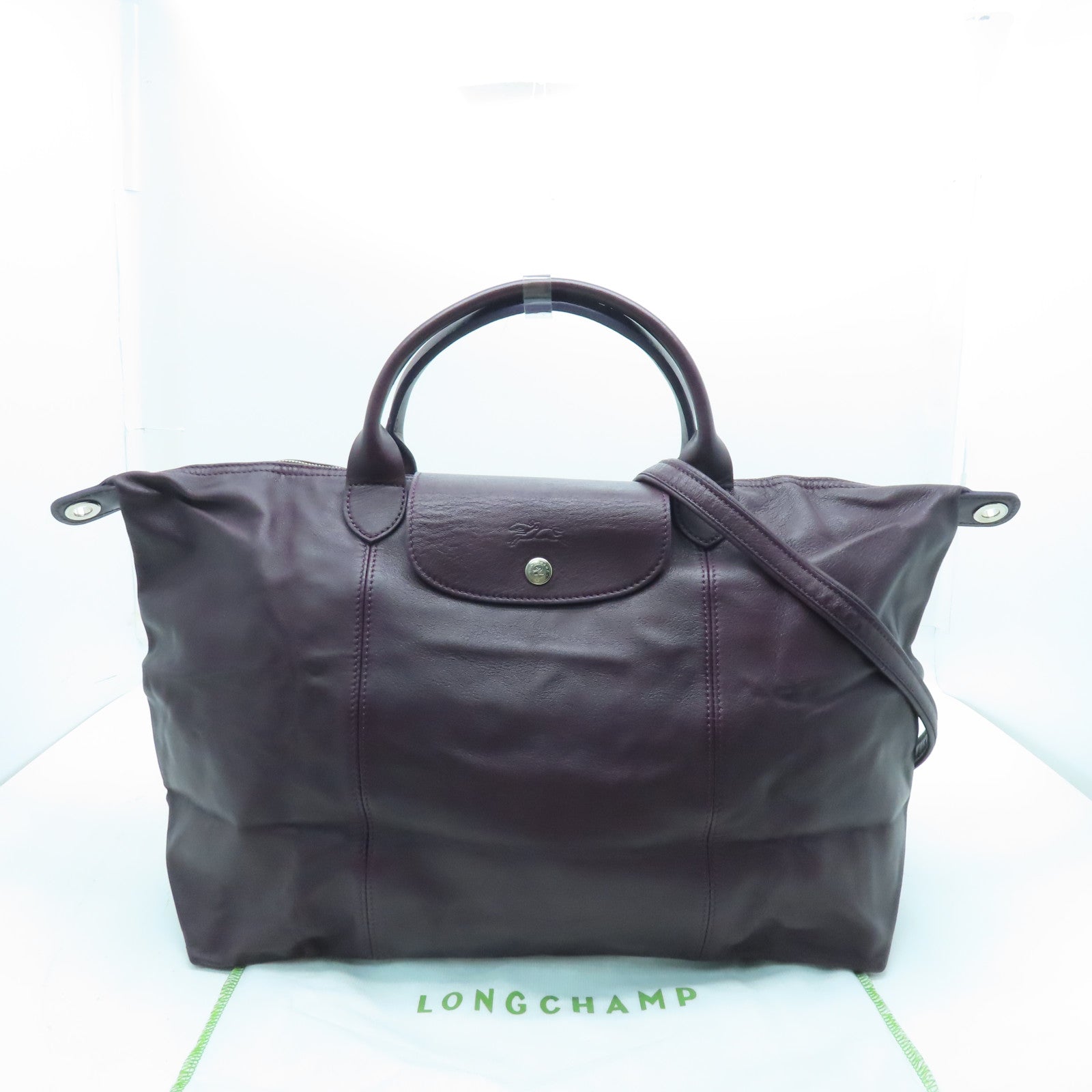 Longchamp Cowhide Leather 2 Way Shoulder Silver Buckle Handle Shoulder Bag Purple