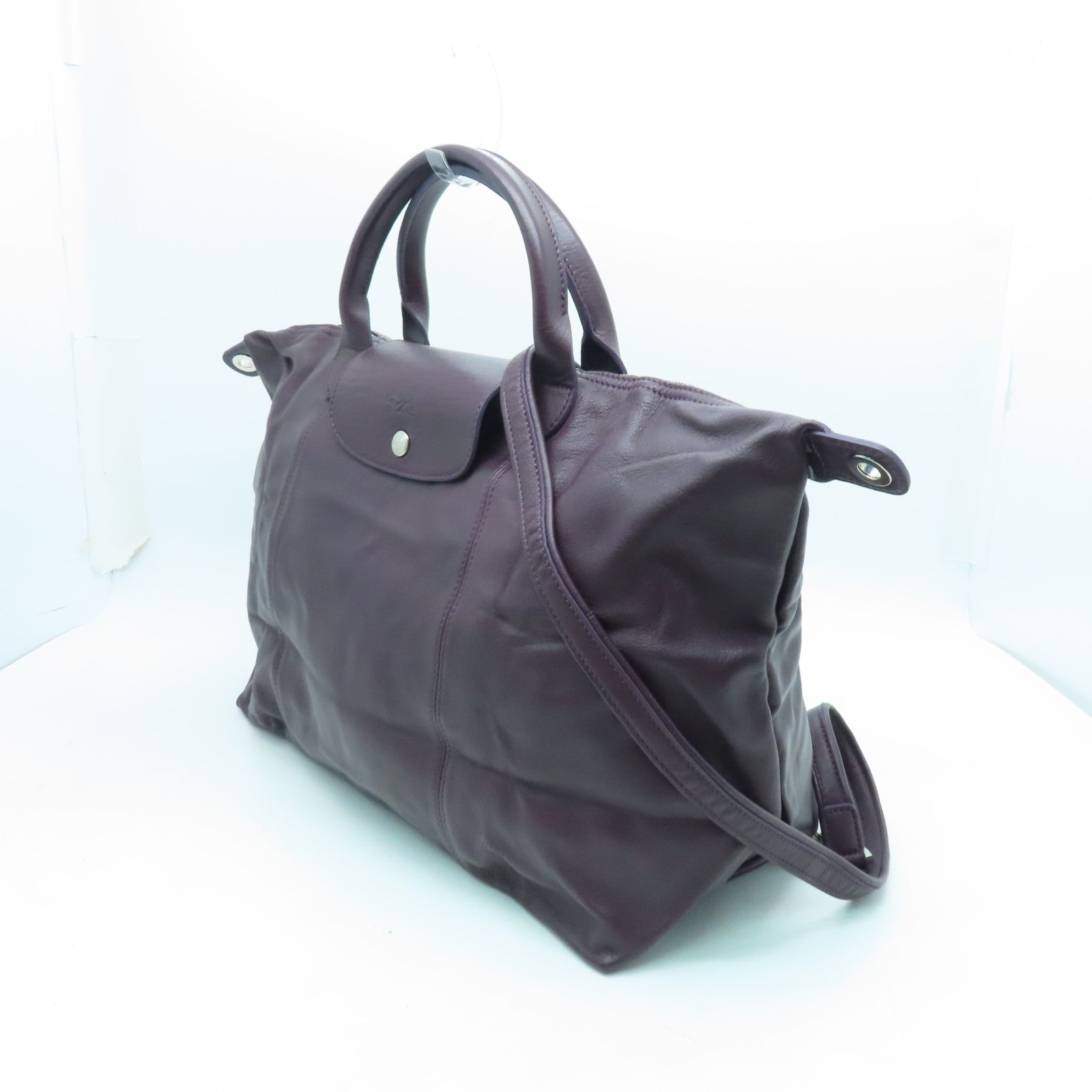 Longchamp Cowhide Leather 2 Way Shoulder Silver Buckle Handle Shoulder Bag Purple