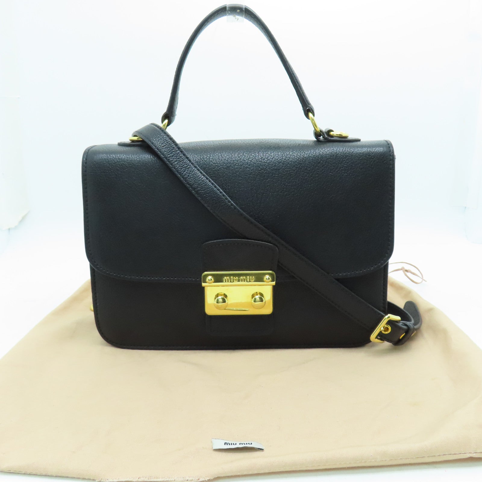 Miu Miu 牛皮皮革2 Way Bag金扣手挽肩背兩用袋黑色