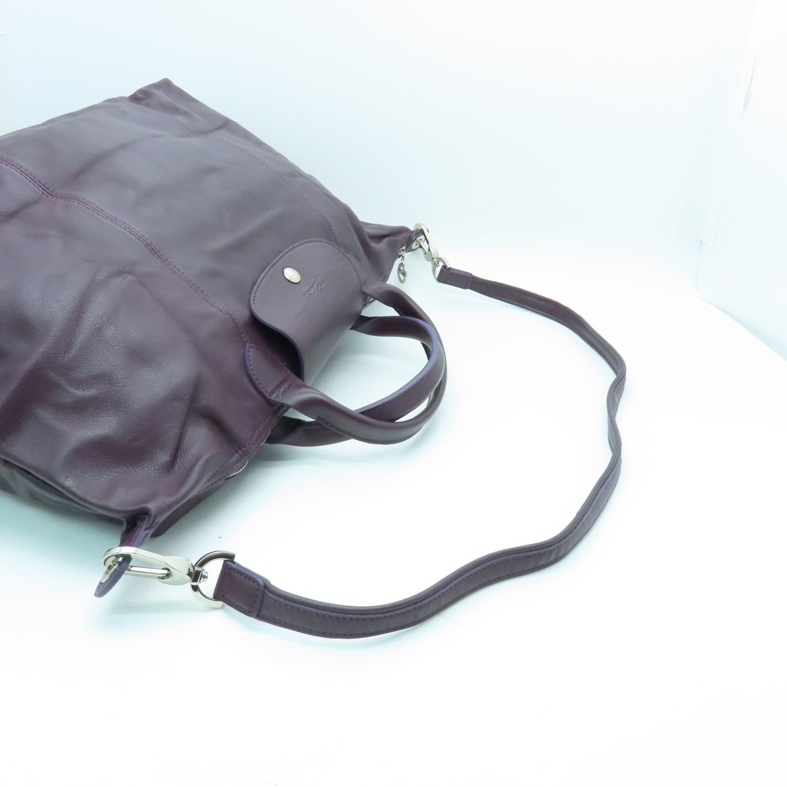 Longchamp Cowhide Leather 2 Way Shoulder Silver Buckle Handle Shoulder Bag Purple