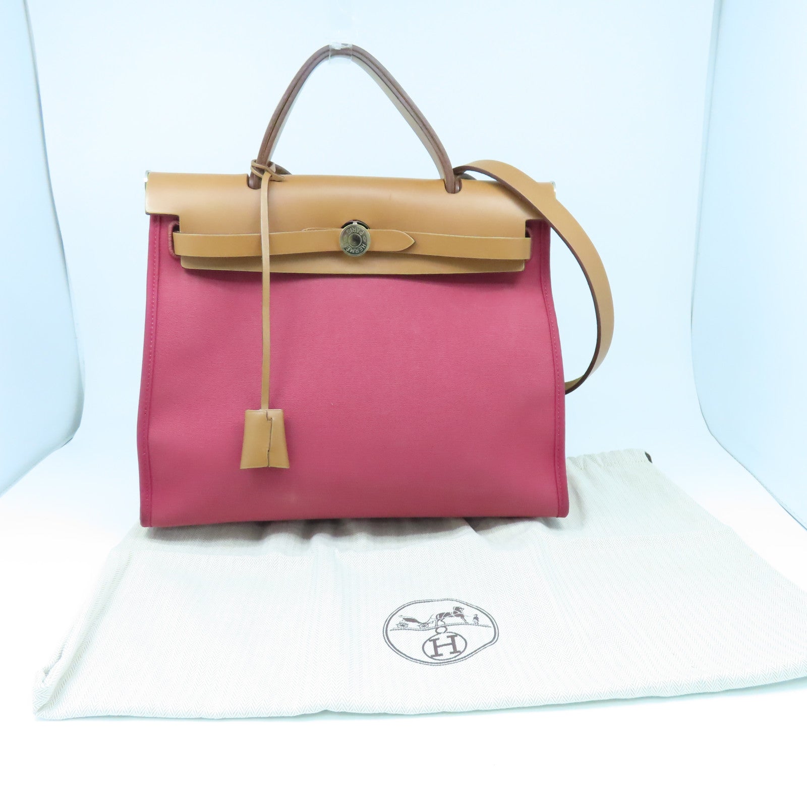 HERMES 帆布Herbag PM銀扣手挽肩背兩用袋紅色