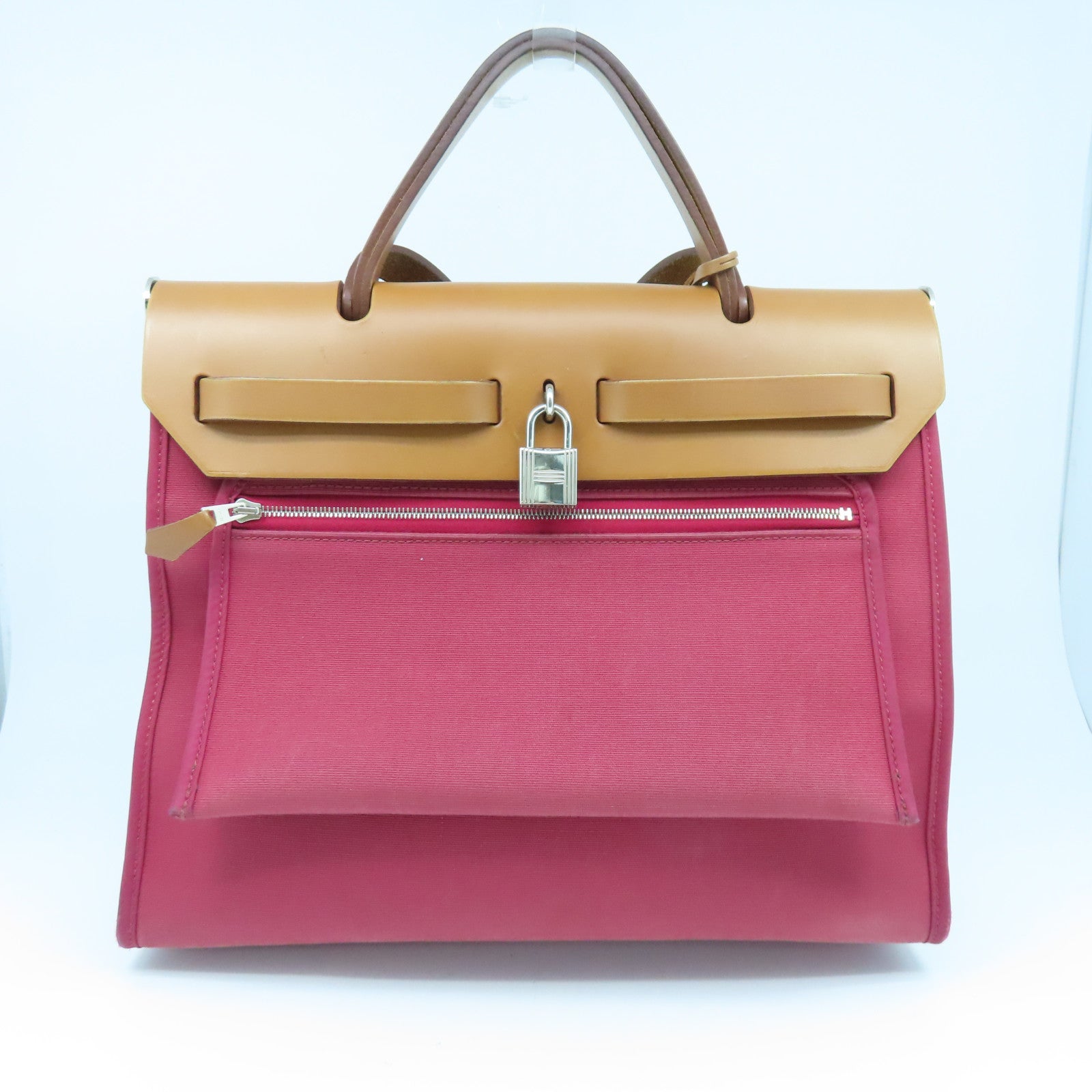 HERMES 帆布Herbag PM銀扣手挽肩背兩用袋紅色