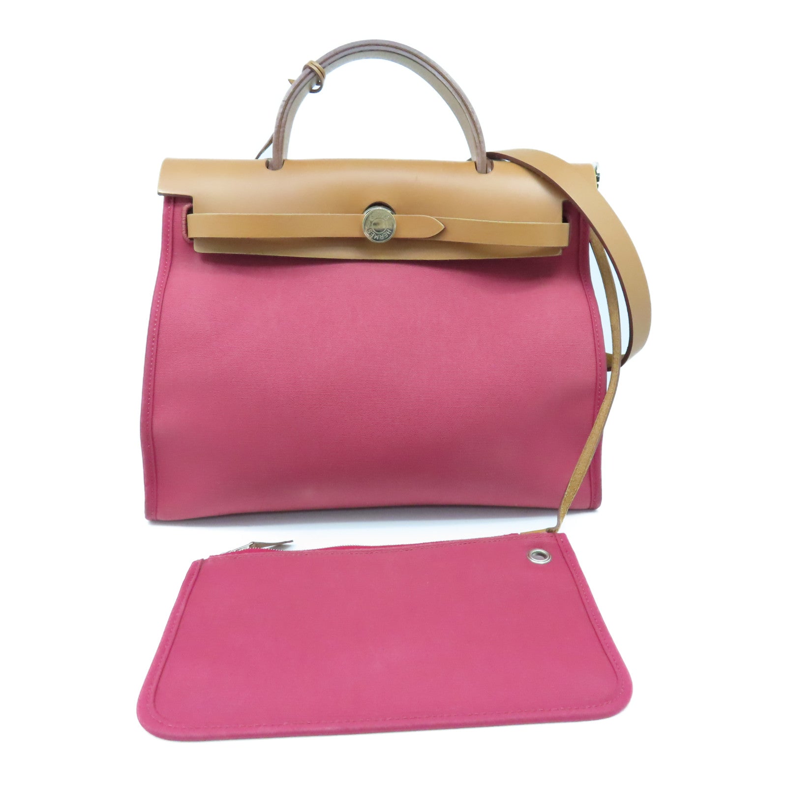 HERMES 帆布Herbag PM銀扣手挽肩背兩用袋紅色