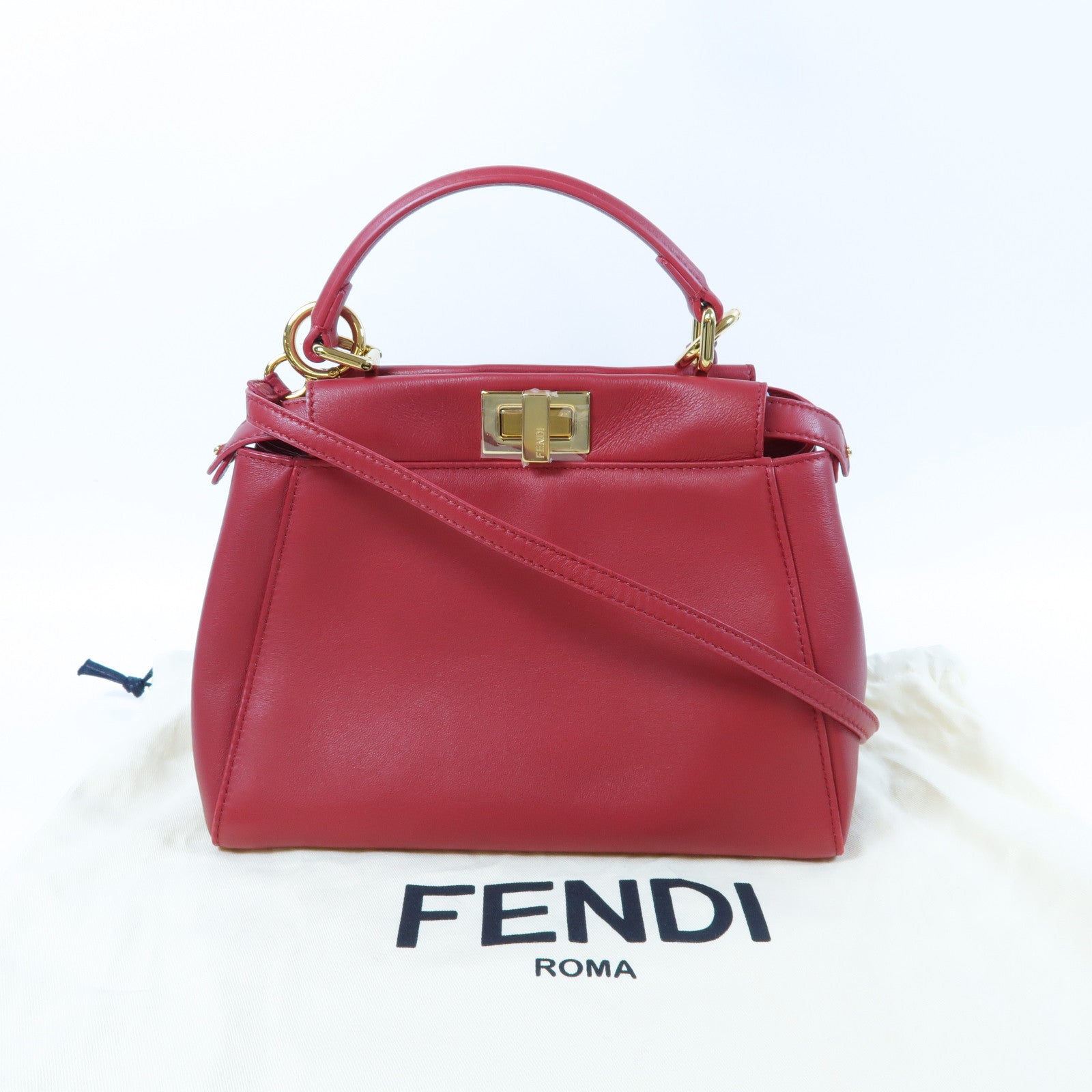 FENDI 羊皮皮革Peekaboo Mini金扣手挽肩背兩用袋紅色