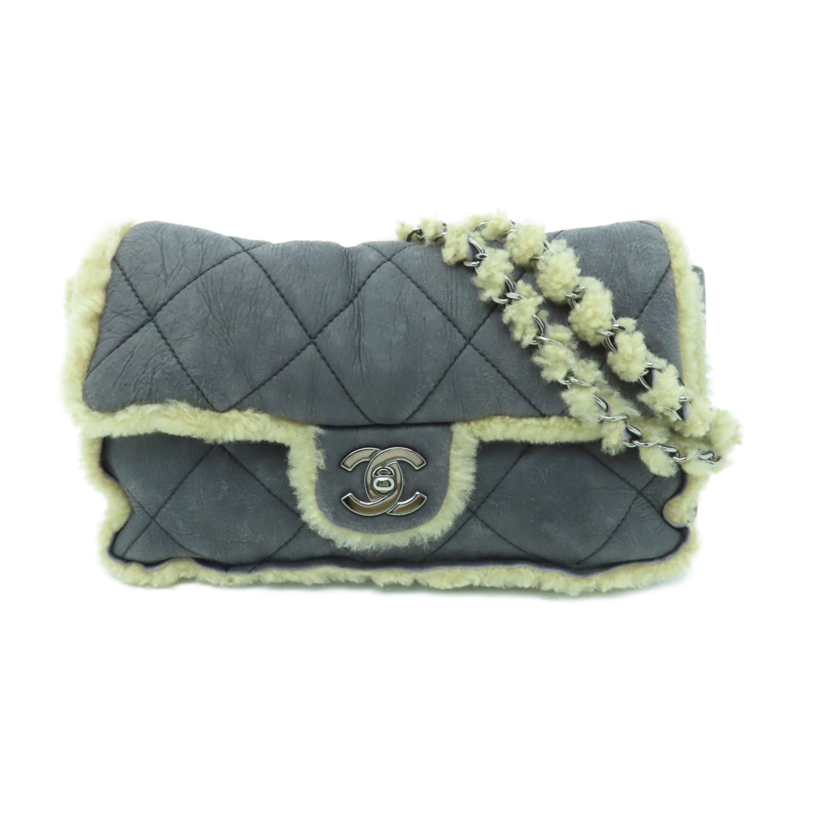 CHANEL 菱格羊毛Chain Shoulder銀扣肩背袋灰色