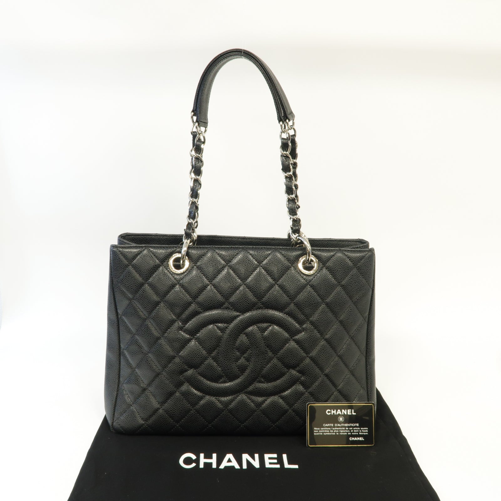 CHANEL 菱格Caviar皮革GST銀扣手挽袋黑色