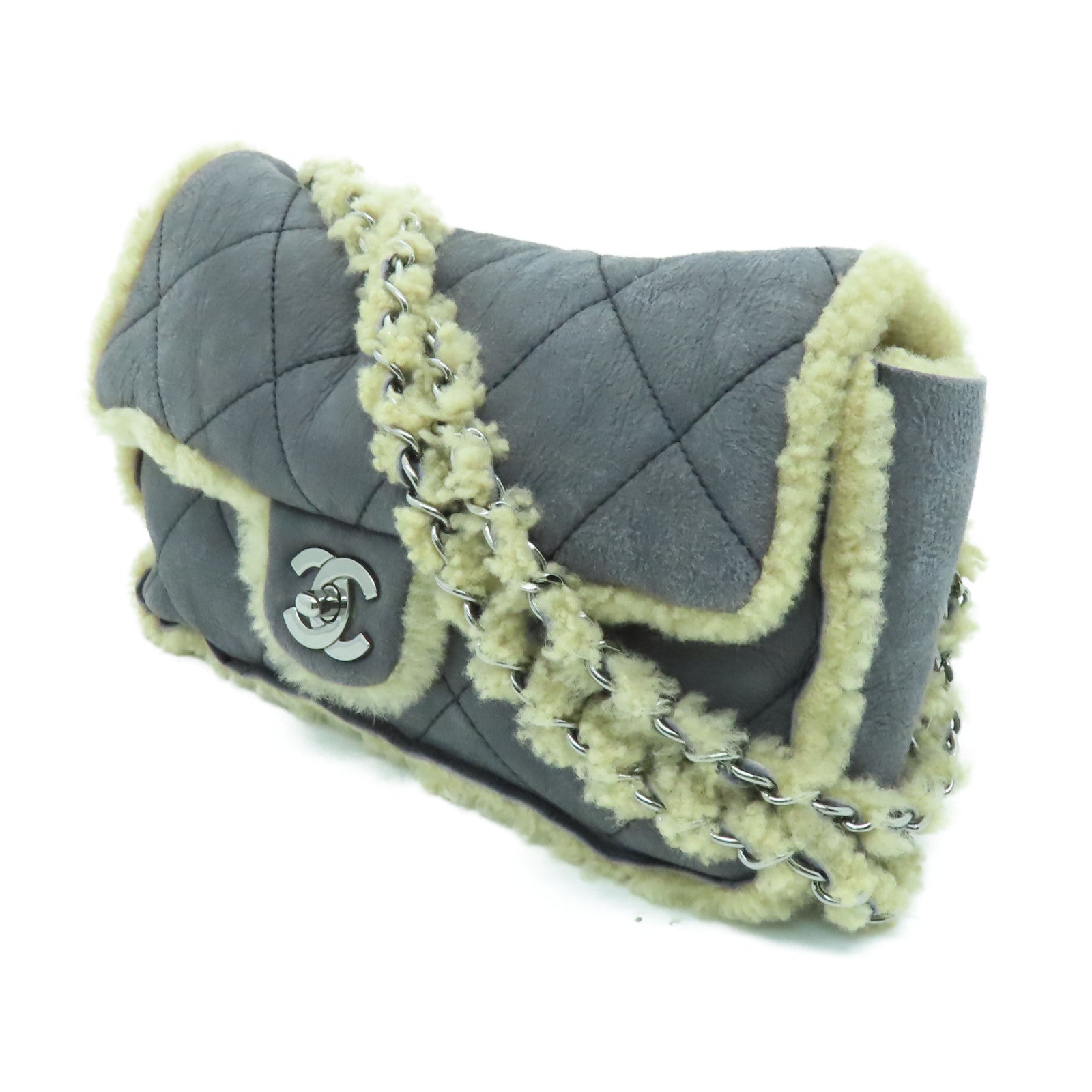 CHANEL 菱格羊毛Chain Shoulder銀扣肩背袋灰色