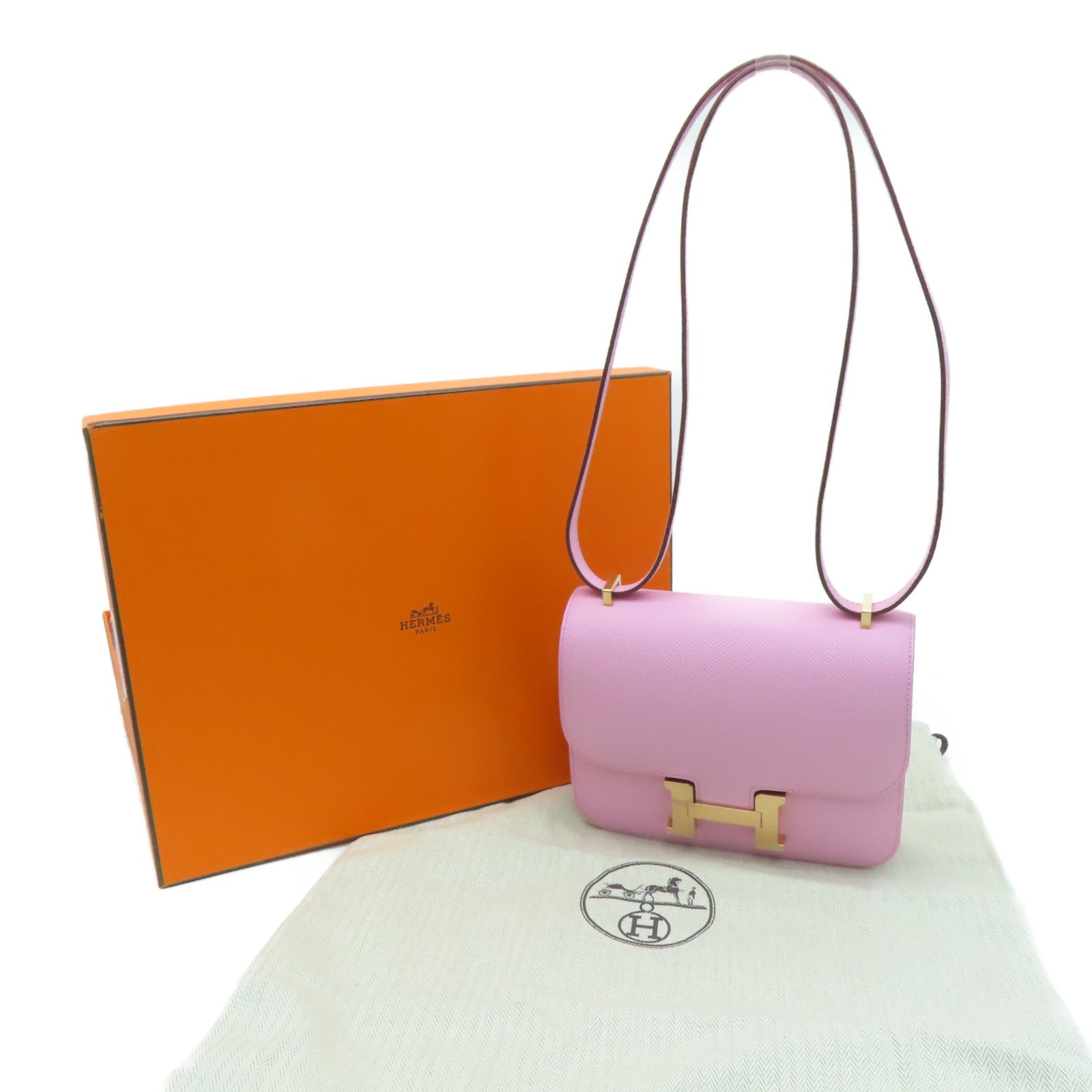 HERMES 【激减优惠】Epsom皮革Constance Mini玫瑰金扣肩背袋粉红色/Mauve Sylvestre/X9