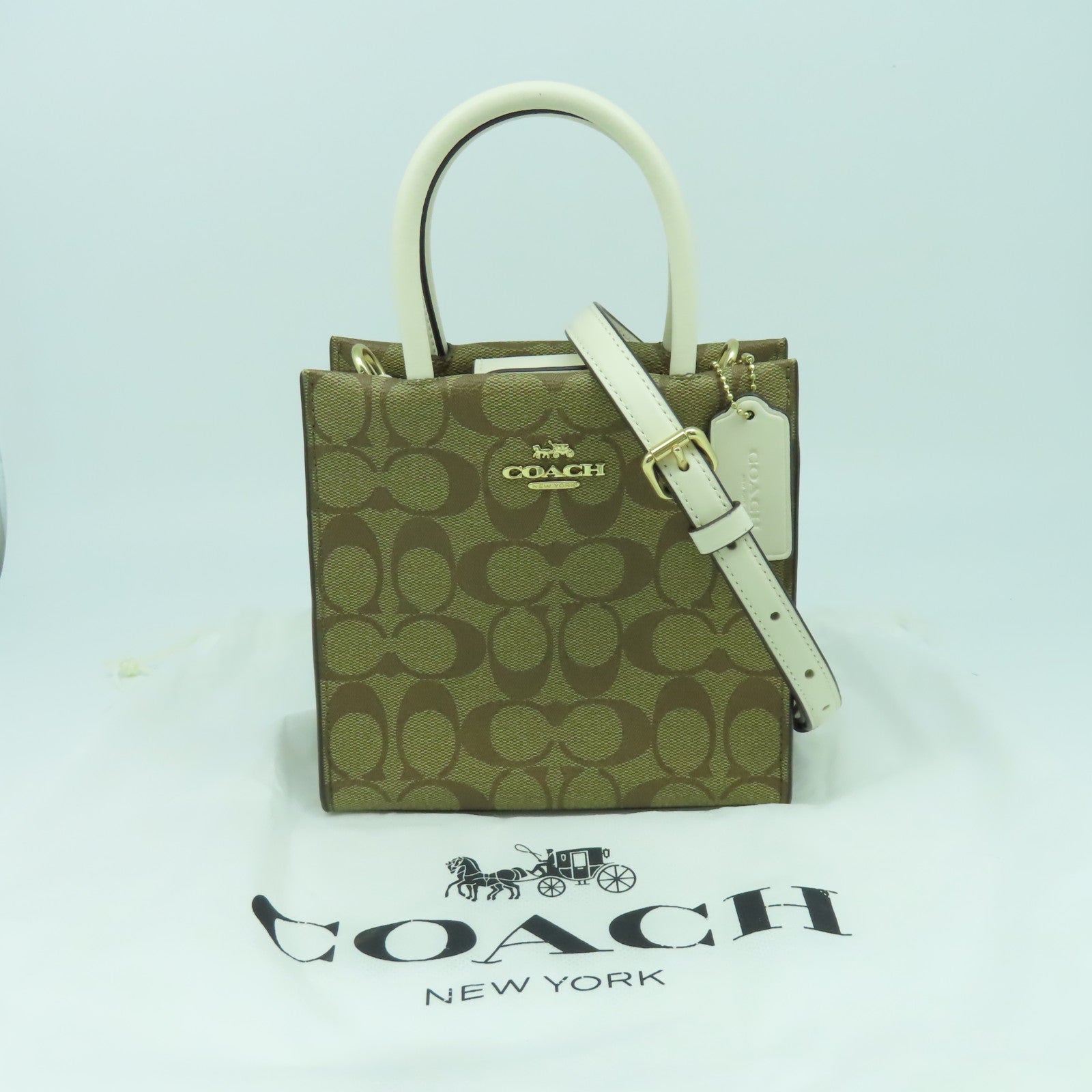 COACH 塗層帆布2 Way Shoulder Bag金扣手挽肩背兩用袋白色/棕色