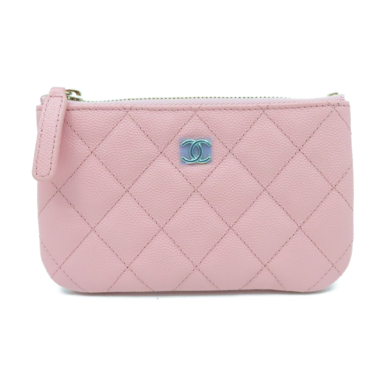 CHANEL 菱格牛皮皮革Mini Pouch金扣手拿包粉紅色