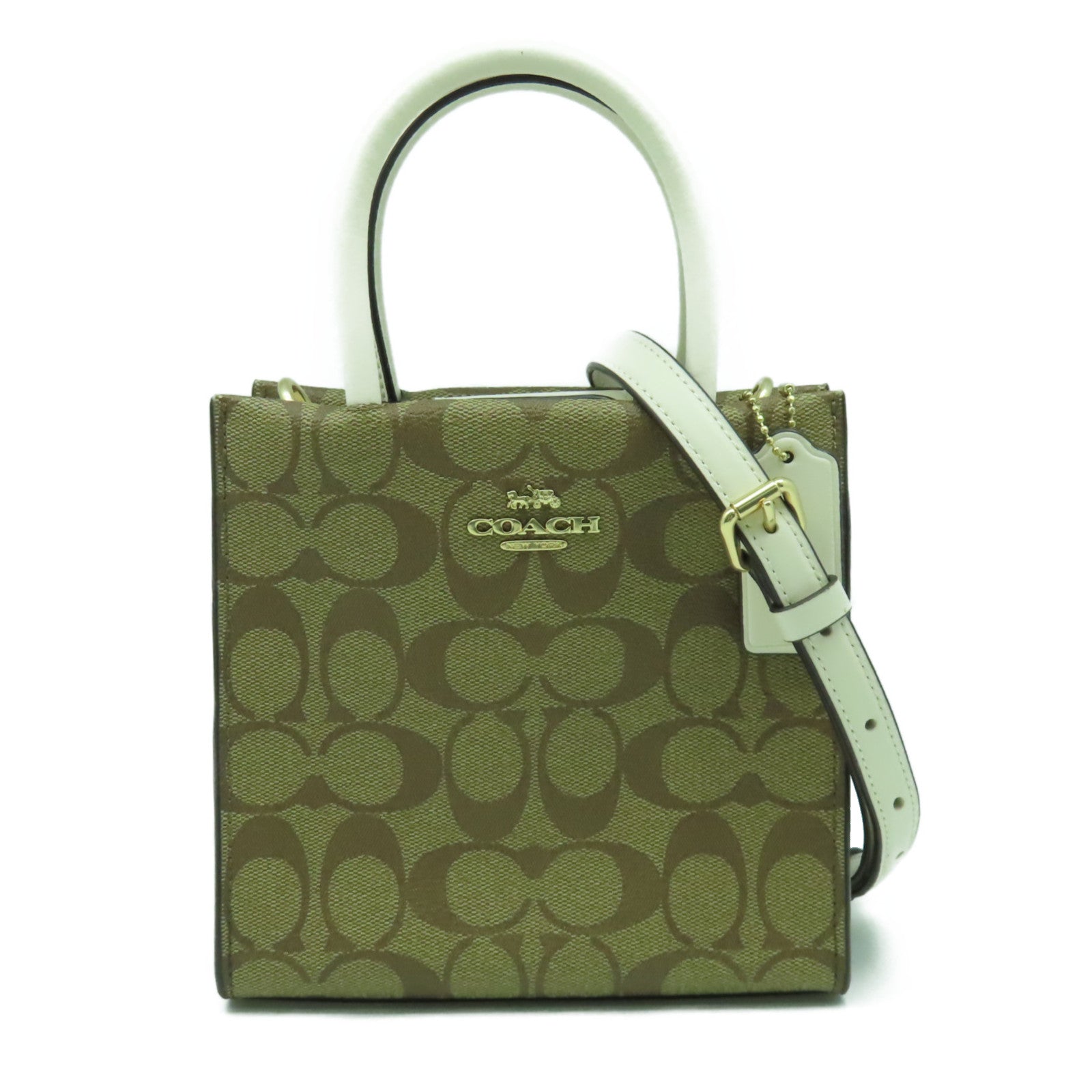 COACH 塗層帆布2 Way Shoulder Bag金扣手挽肩背兩用袋白色/棕色