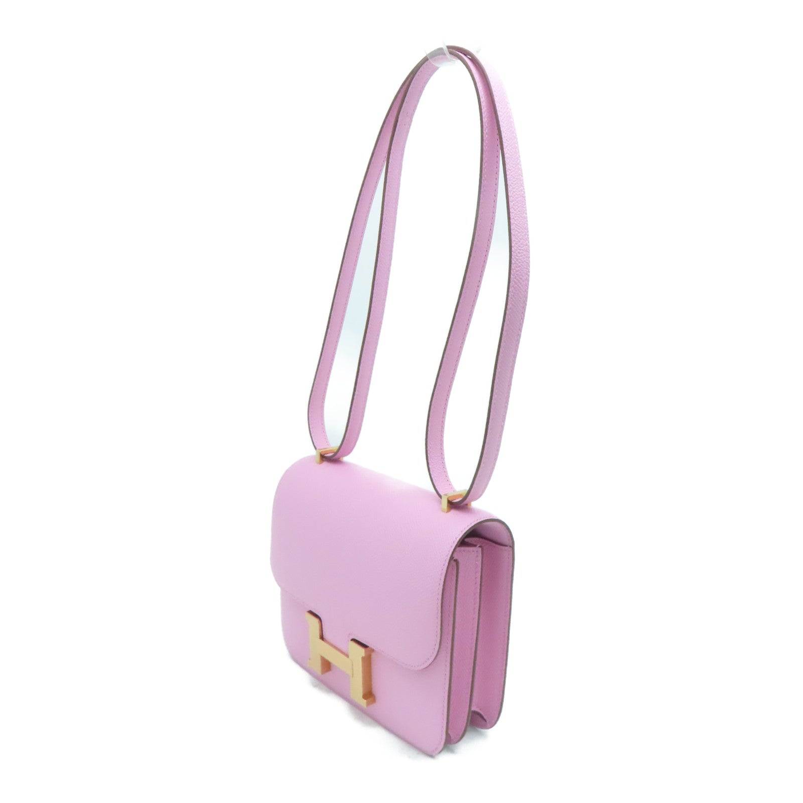 HERMES 【激减优惠】Epsom皮革Constance Mini玫瑰金扣肩背袋粉红色/Mauve Sylvestre/X9
