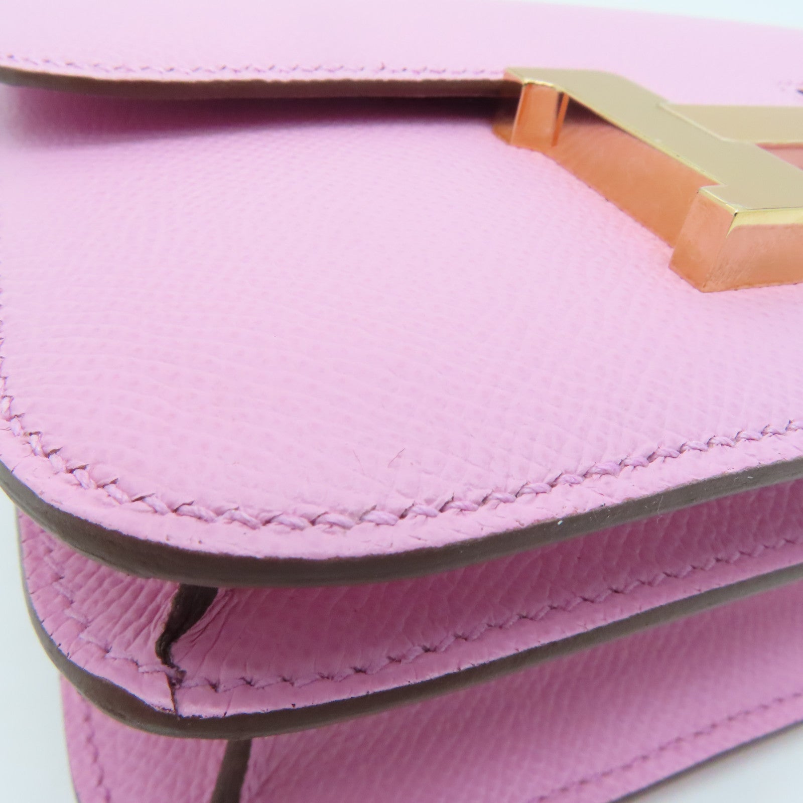 HERMES 【激减优惠】Epsom皮革Constance Mini玫瑰金扣肩背袋粉红色/Mauve Sylvestre/X9