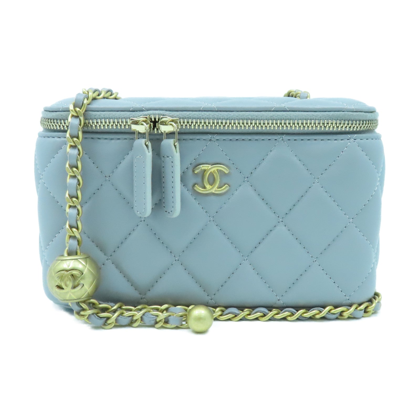 CHANEL 菱格羊皮皮革Vanity Case金扣鏈帶肩背袋灰色