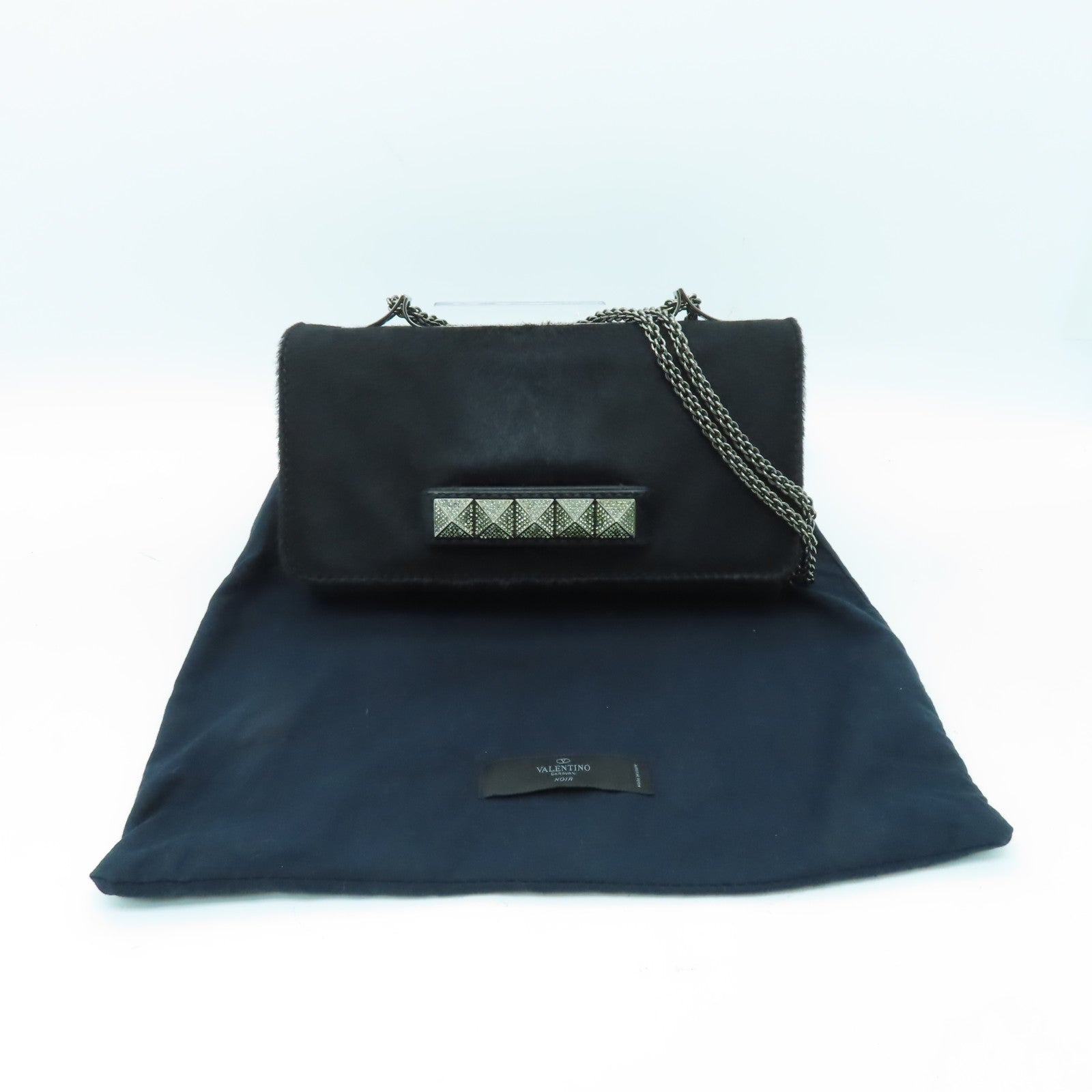 Valentino 馬毛Va Va Voom銀扣鏈帶肩背袋黑色