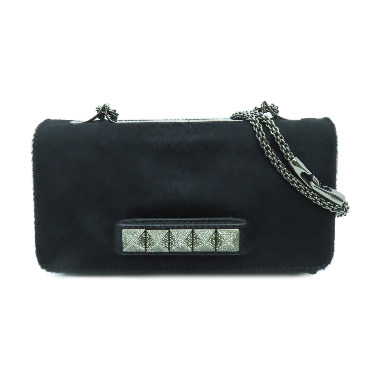 Valentino 馬毛Va Va Voom銀扣鏈帶肩背袋黑色