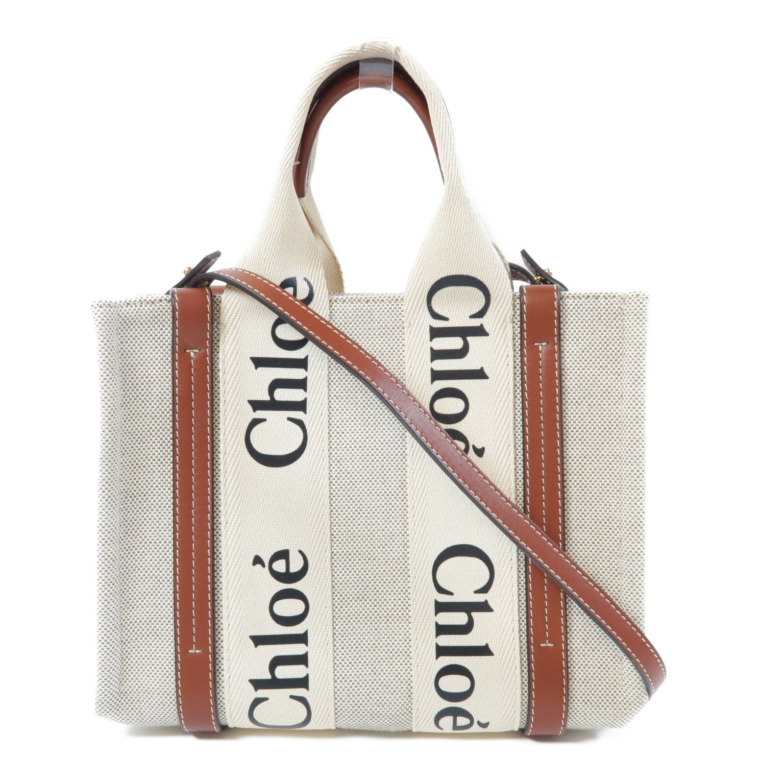 Chloe 帆布/皮革Small Woody Tote Bag金扣手挽肩背兩用袋米色/啡色