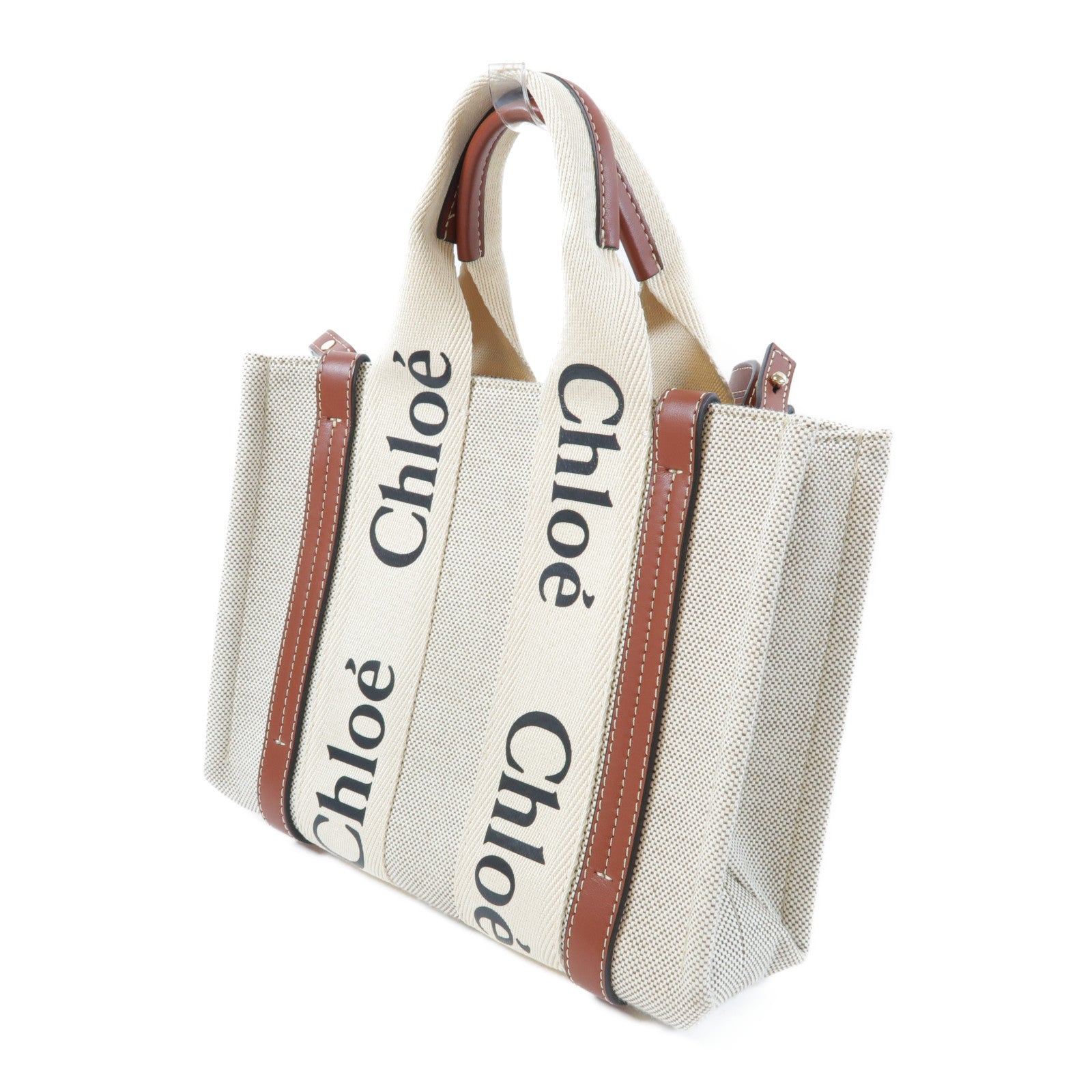 Chloe 帆布/皮革Small Woody Tote Bag金扣手挽肩背兩用袋米色/啡色