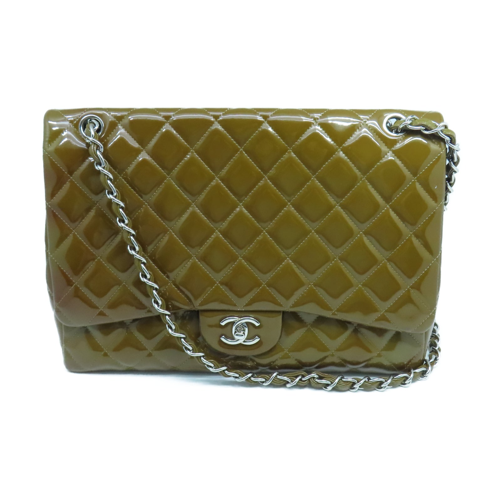 CHANEL 菱格漆皮皮革Chain Shoulder銀扣鏈帶肩背袋棕色