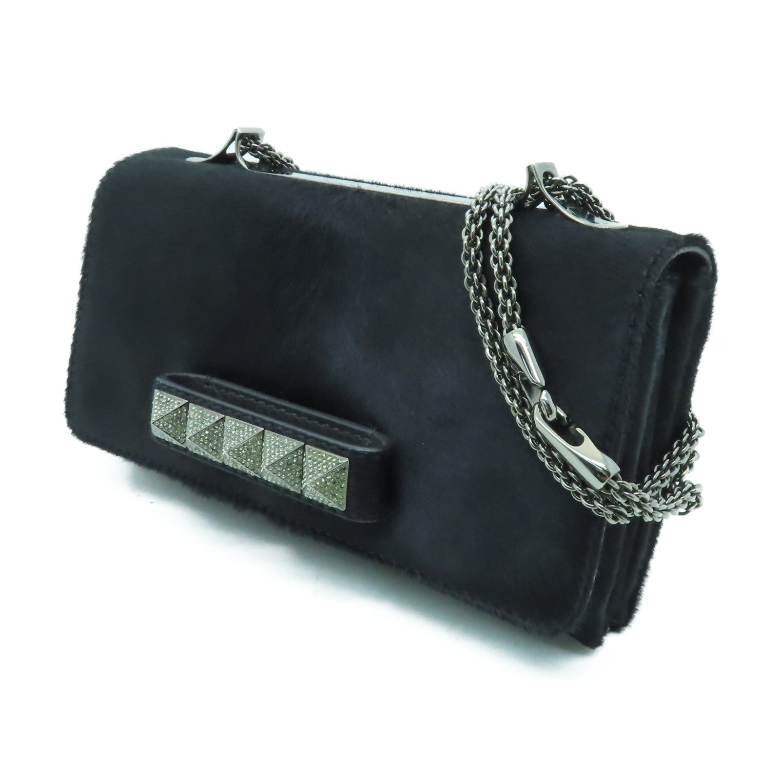 Valentino 馬毛Va Va Voom銀扣鏈帶肩背袋黑色