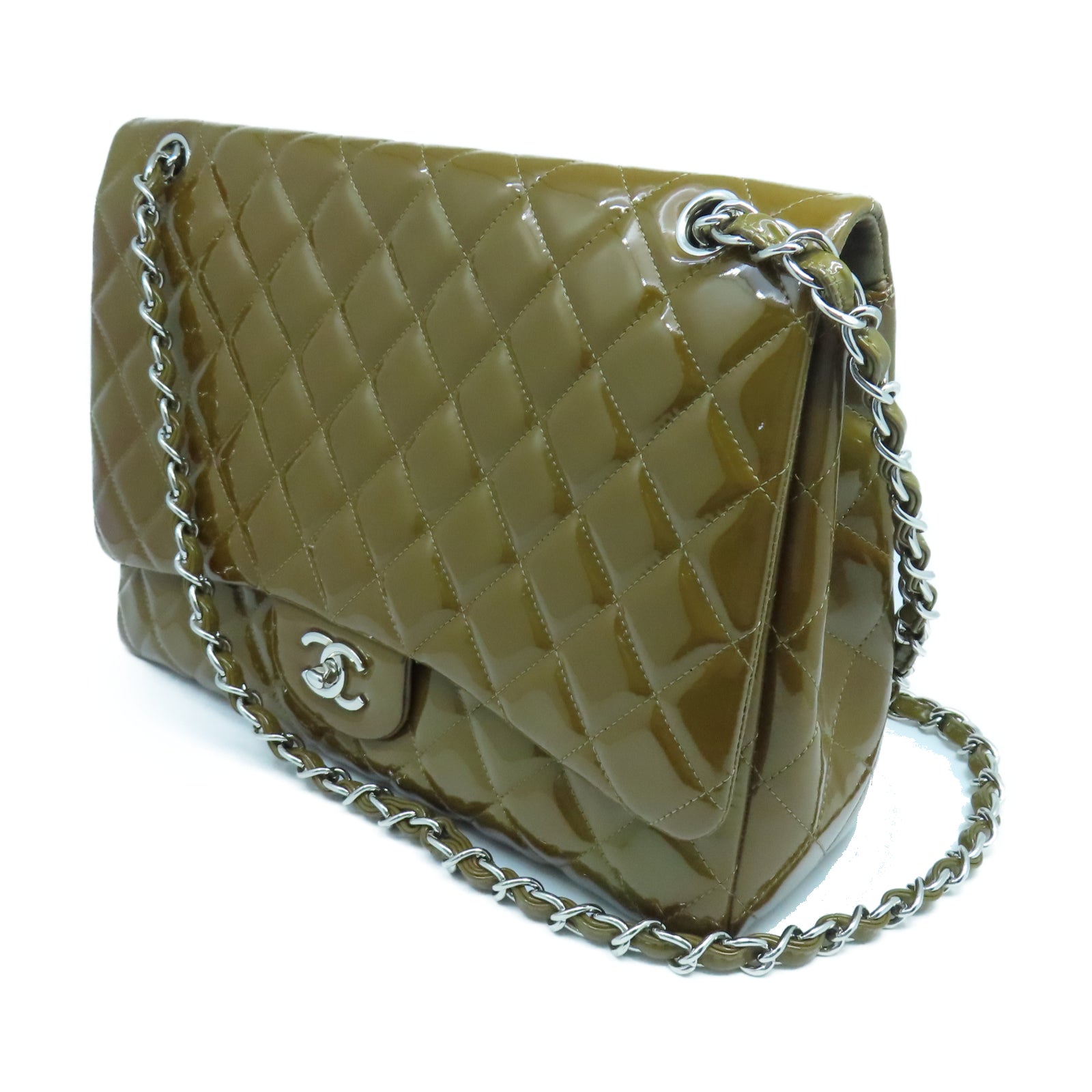 CHANEL 菱格漆皮皮革Chain Shoulder銀扣鏈帶肩背袋棕色