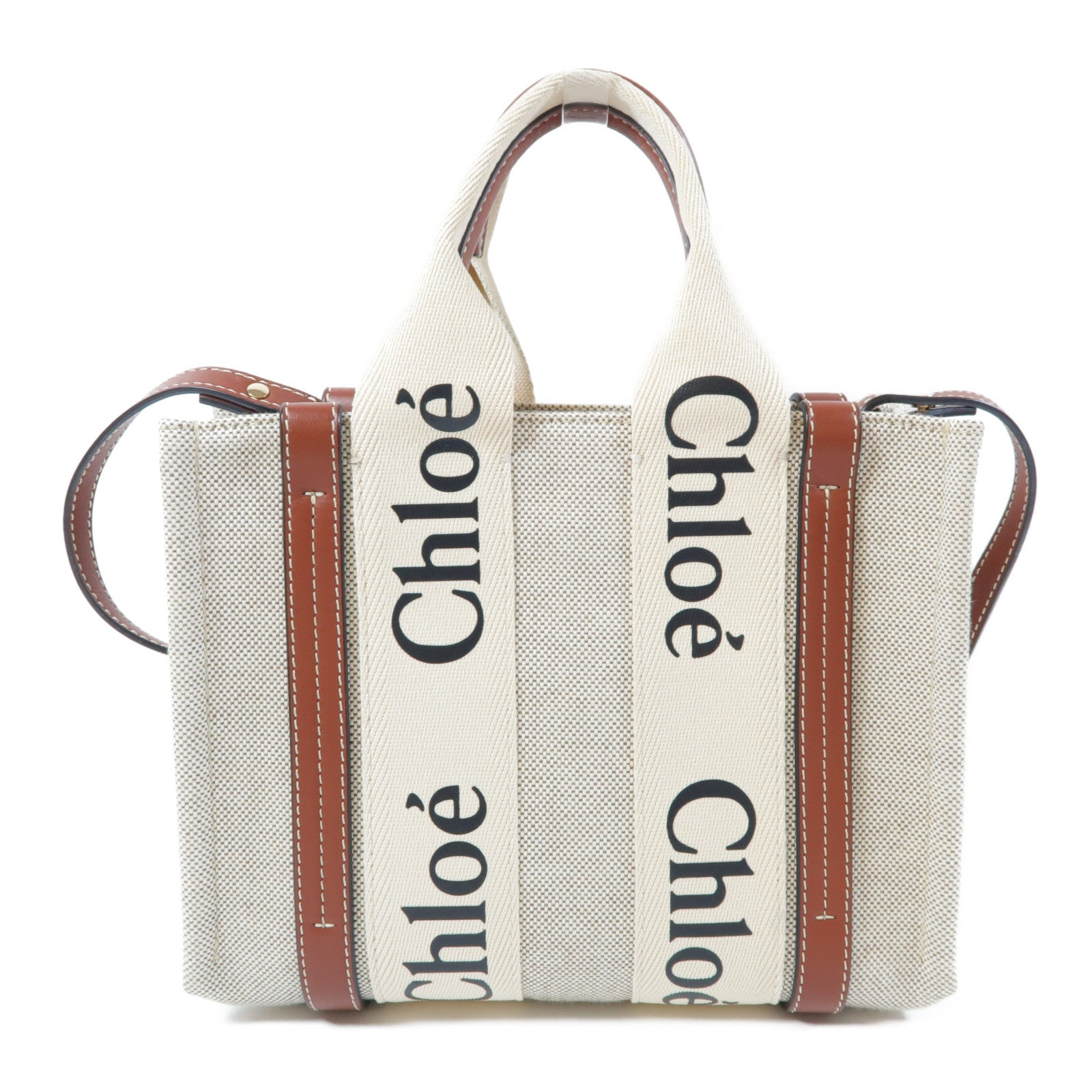 Chloe 帆布/皮革Small Woody Tote Bag金扣手挽肩背兩用袋米色/啡色