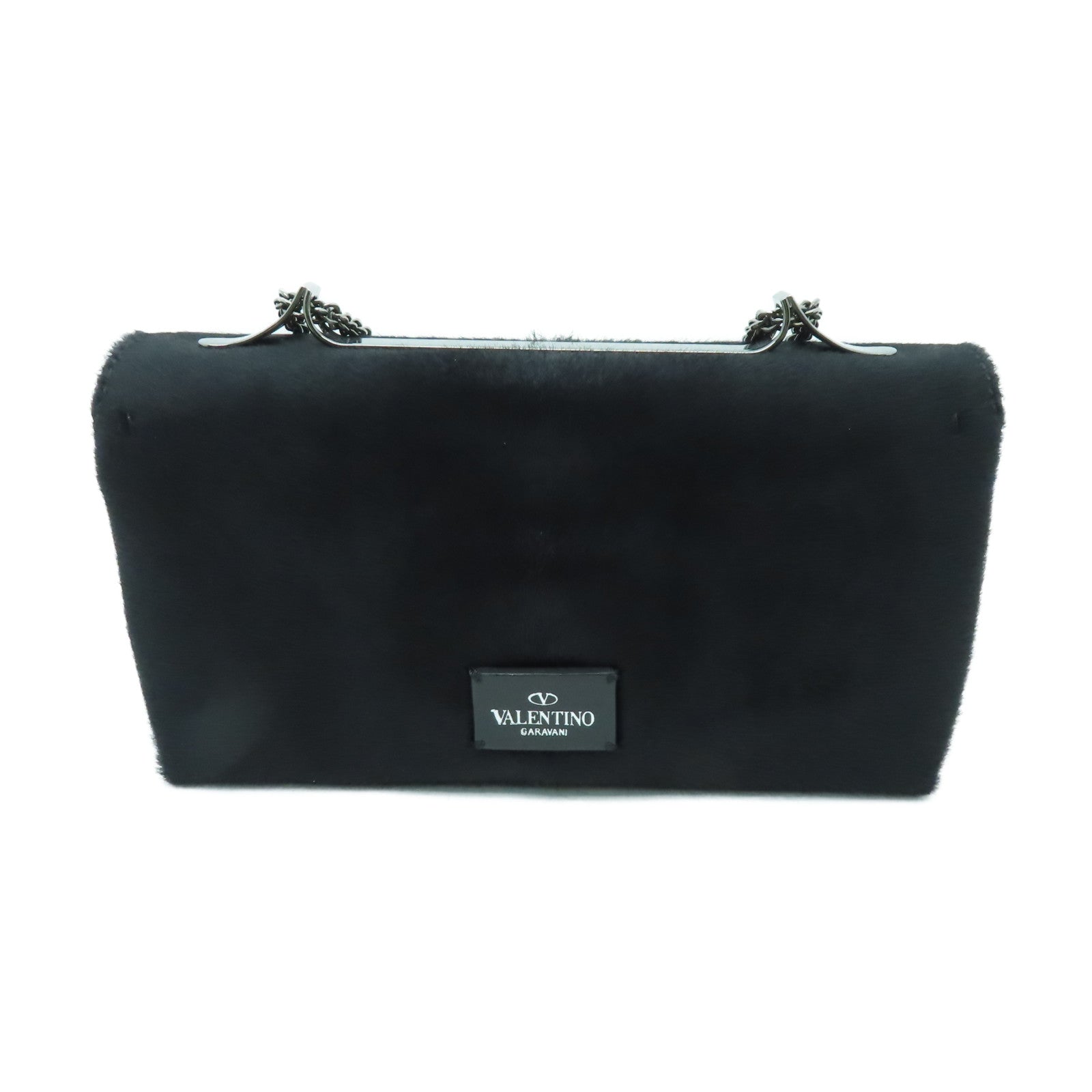 Valentino 馬毛Va Va Voom銀扣鏈帶肩背袋黑色