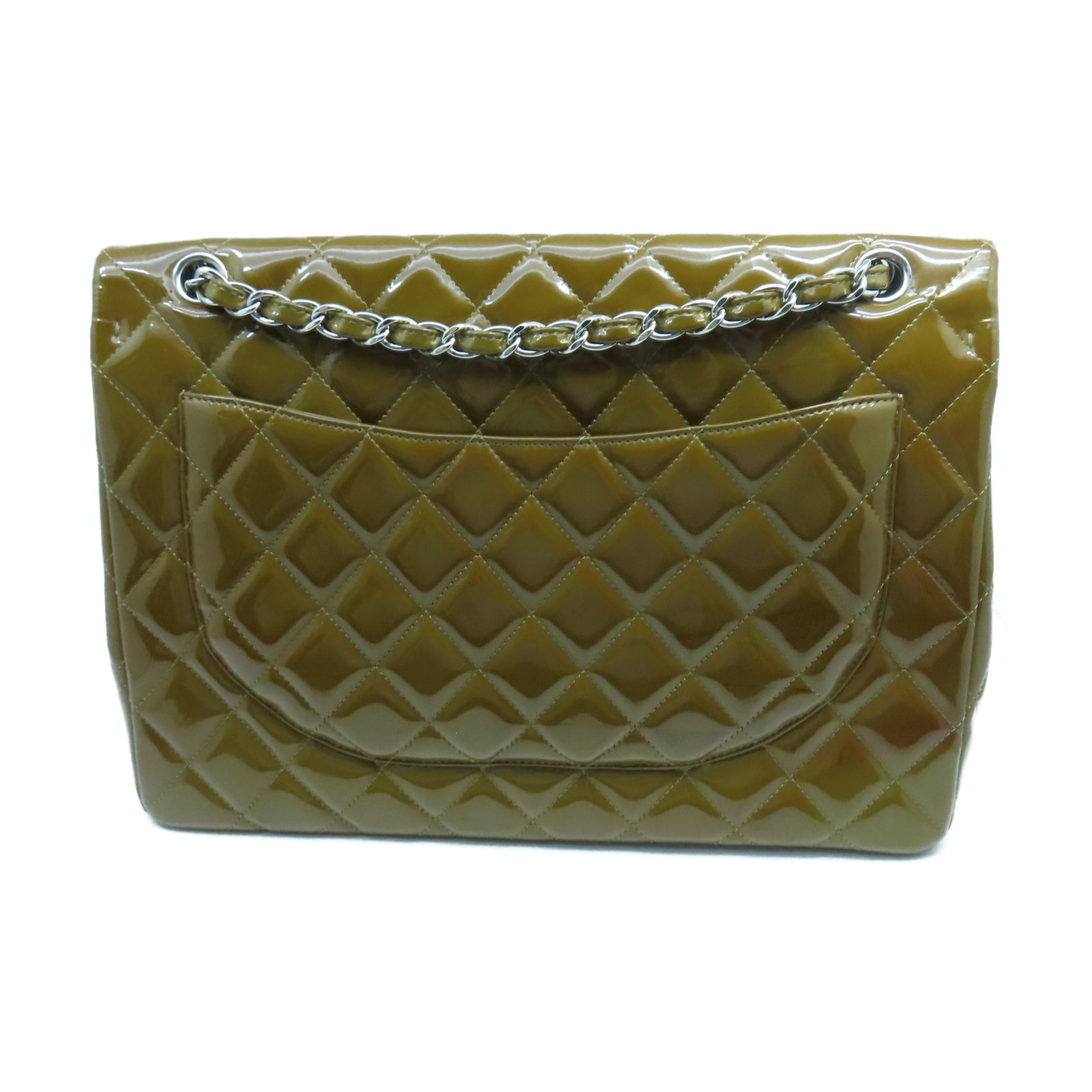 CHANEL 菱格漆皮皮革Chain Shoulder銀扣鏈帶肩背袋棕色