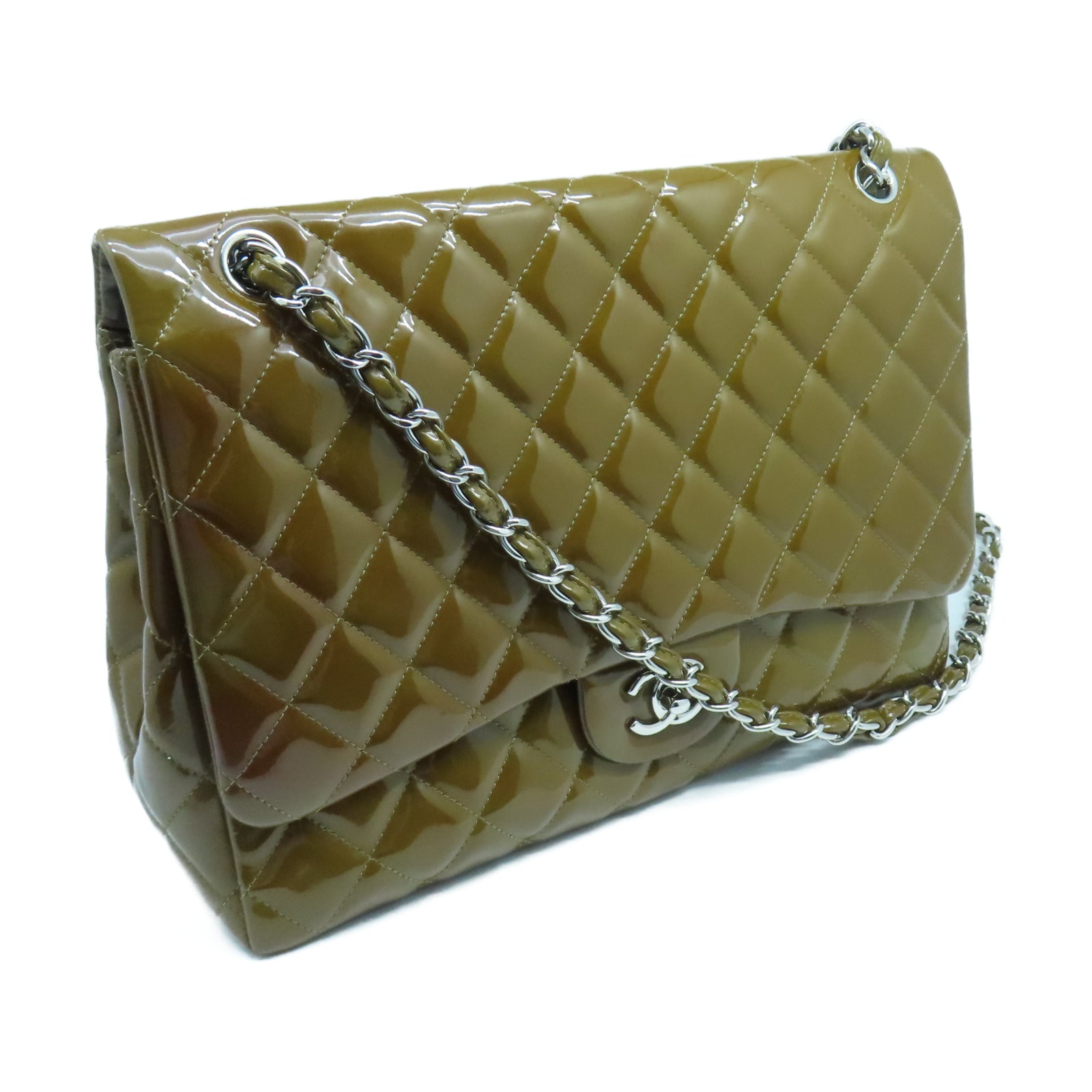 CHANEL 菱格漆皮皮革Chain Shoulder銀扣鏈帶肩背袋棕色