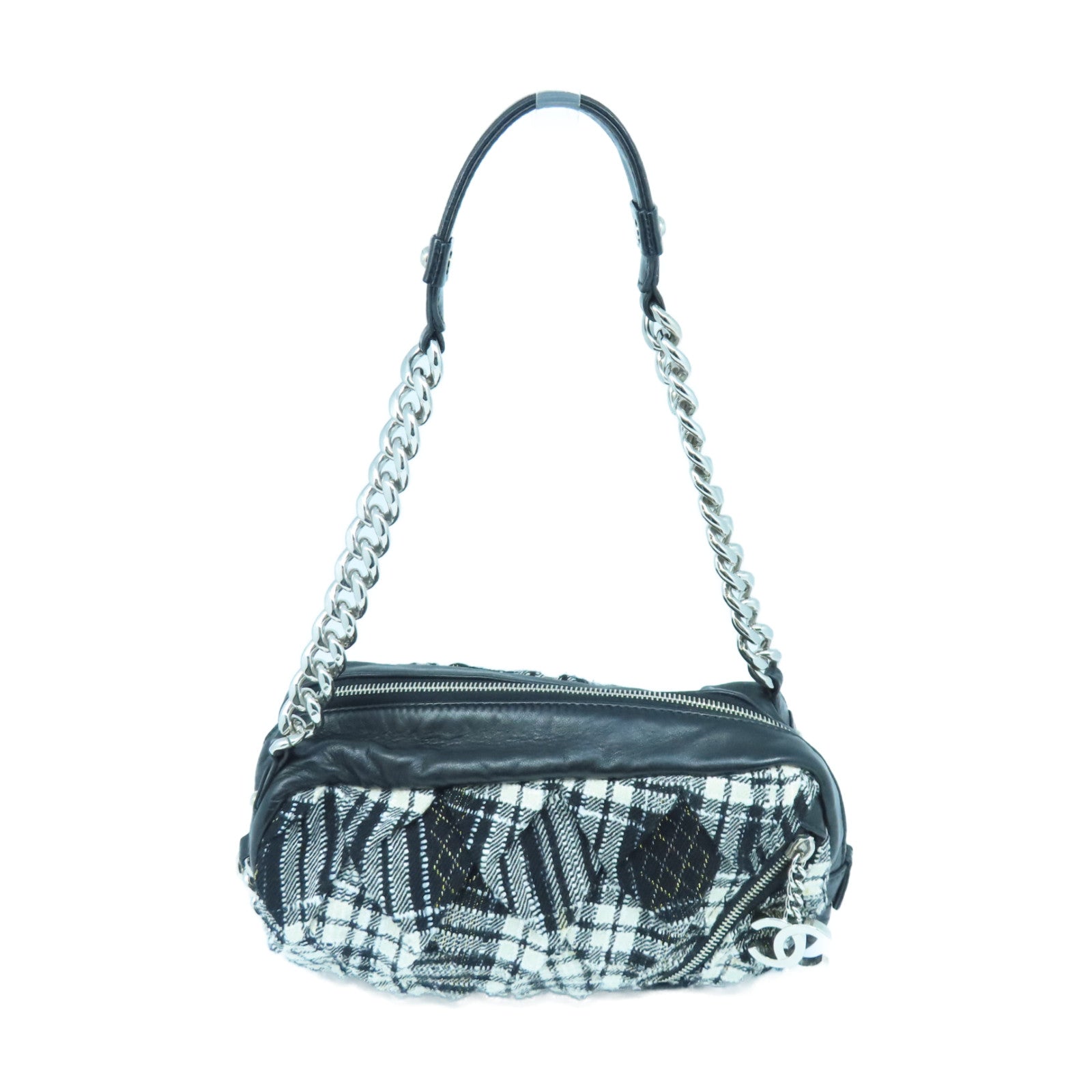 CHANEL 斜纹软呢Shoulder Bag银扣链带肩背袋黑色/白色