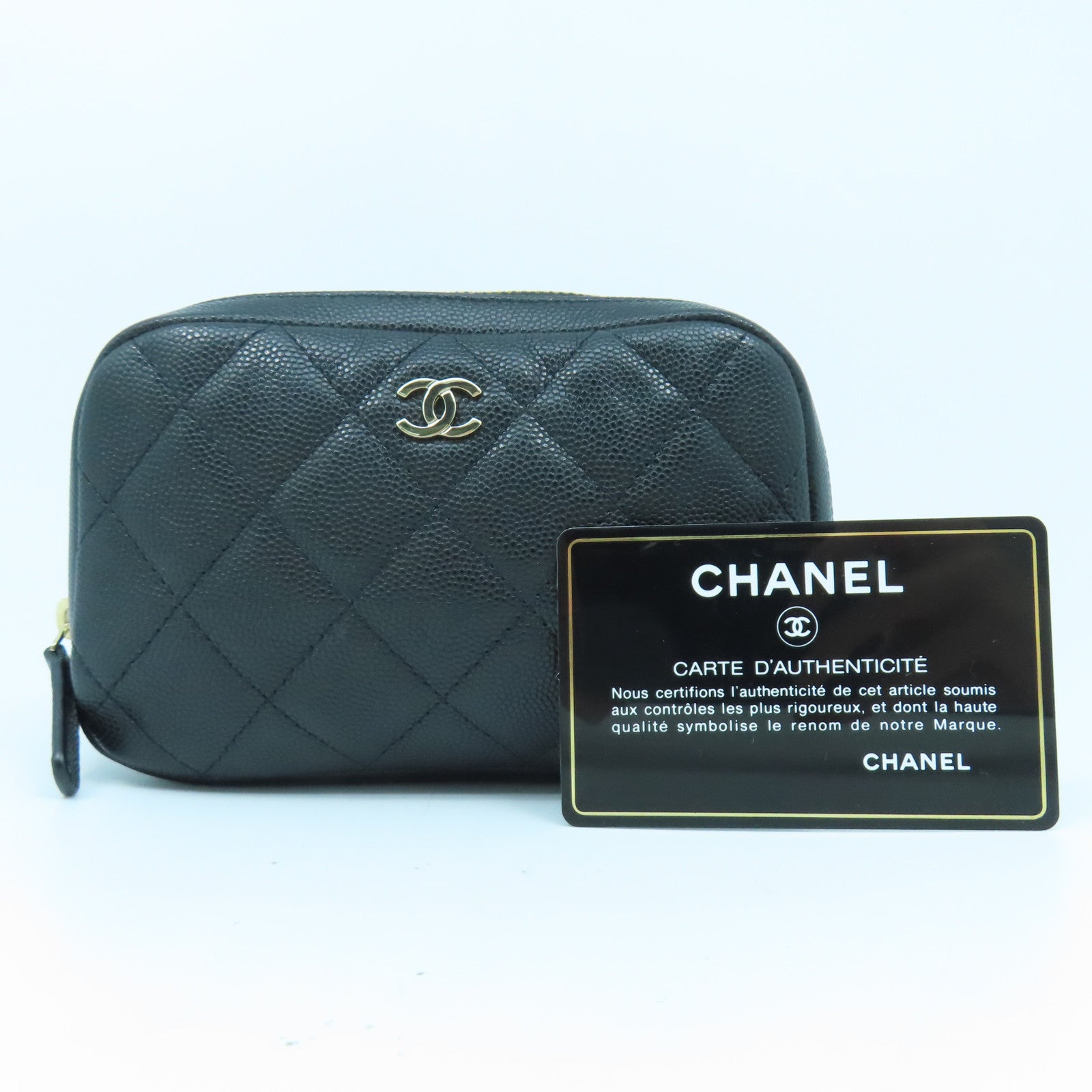CHANEL 菱格Caviar皮革Cosmetic Pouch金扣小袋黑色