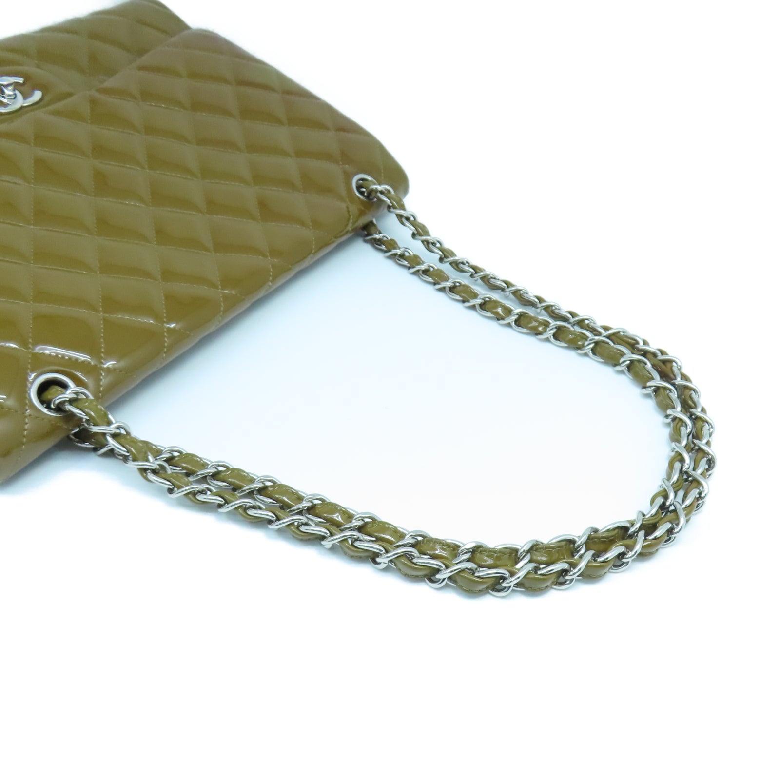 CHANEL 菱格漆皮皮革Chain Shoulder銀扣鏈帶肩背袋棕色