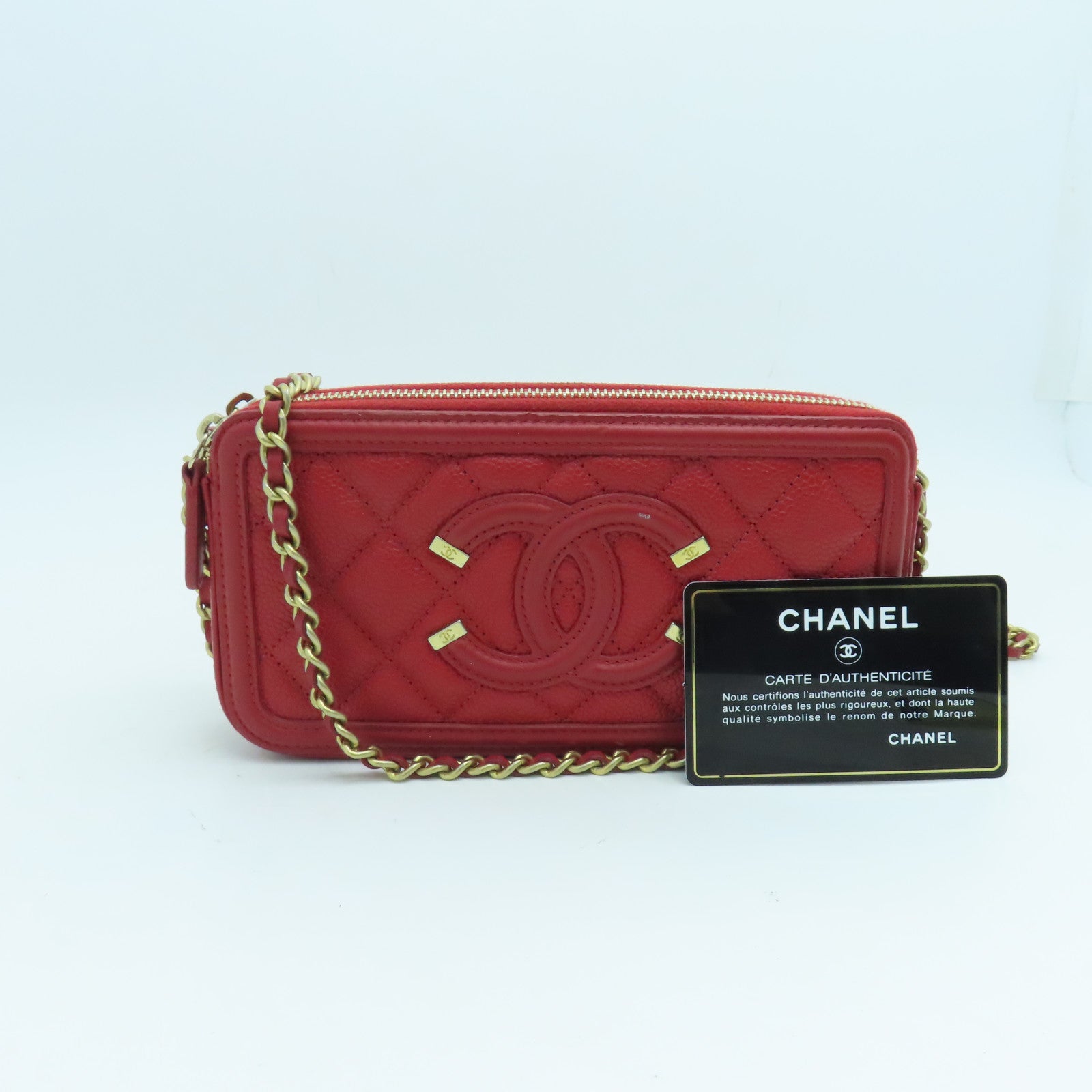 CHANEL 菱格Caviar皮革Shoulder Bag金扣肩背袋紅色