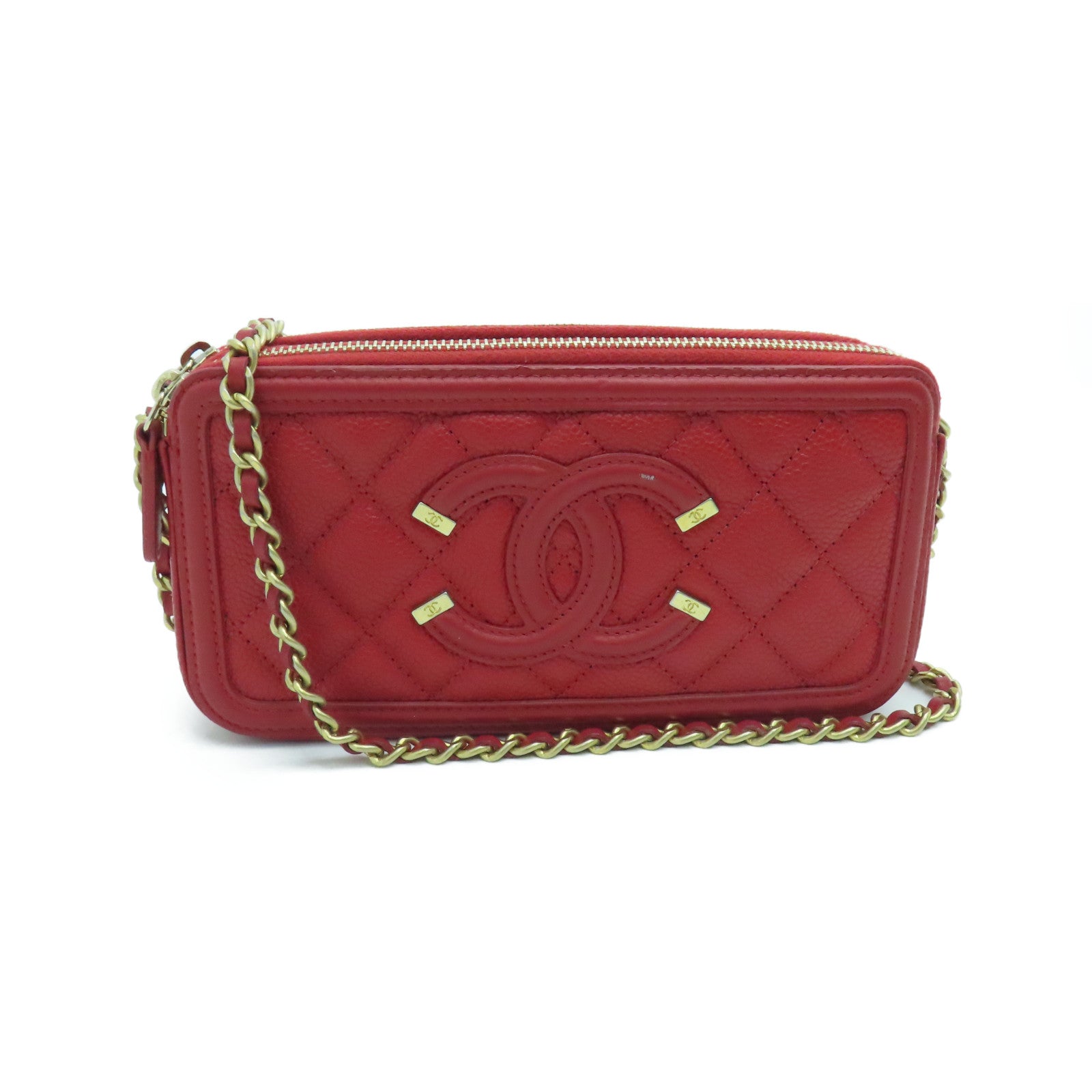 CHANEL 菱格Caviar皮革Shoulder Bag金扣肩背袋紅色