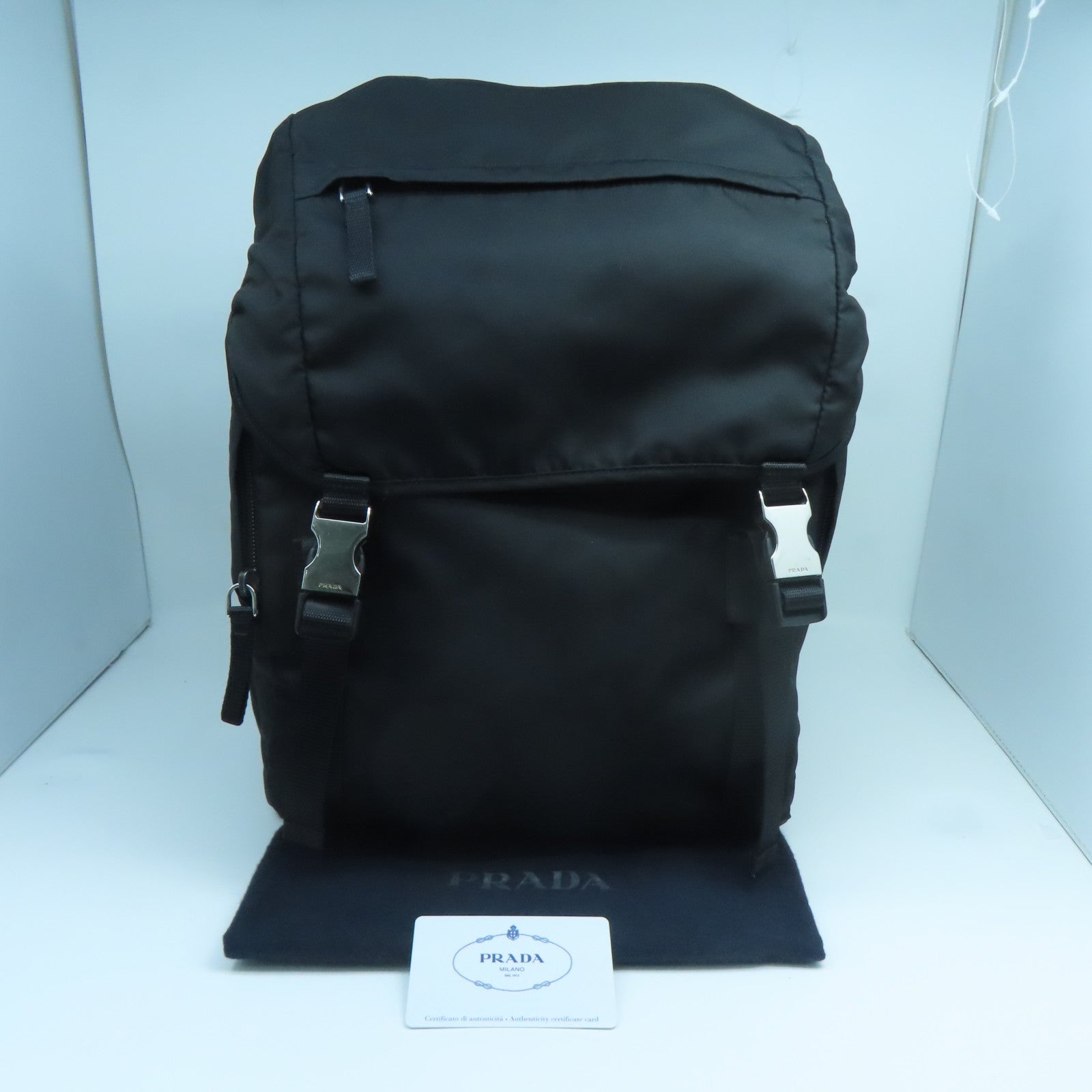 PRADA Nylon Backpack Silver Buckle Backpack Black