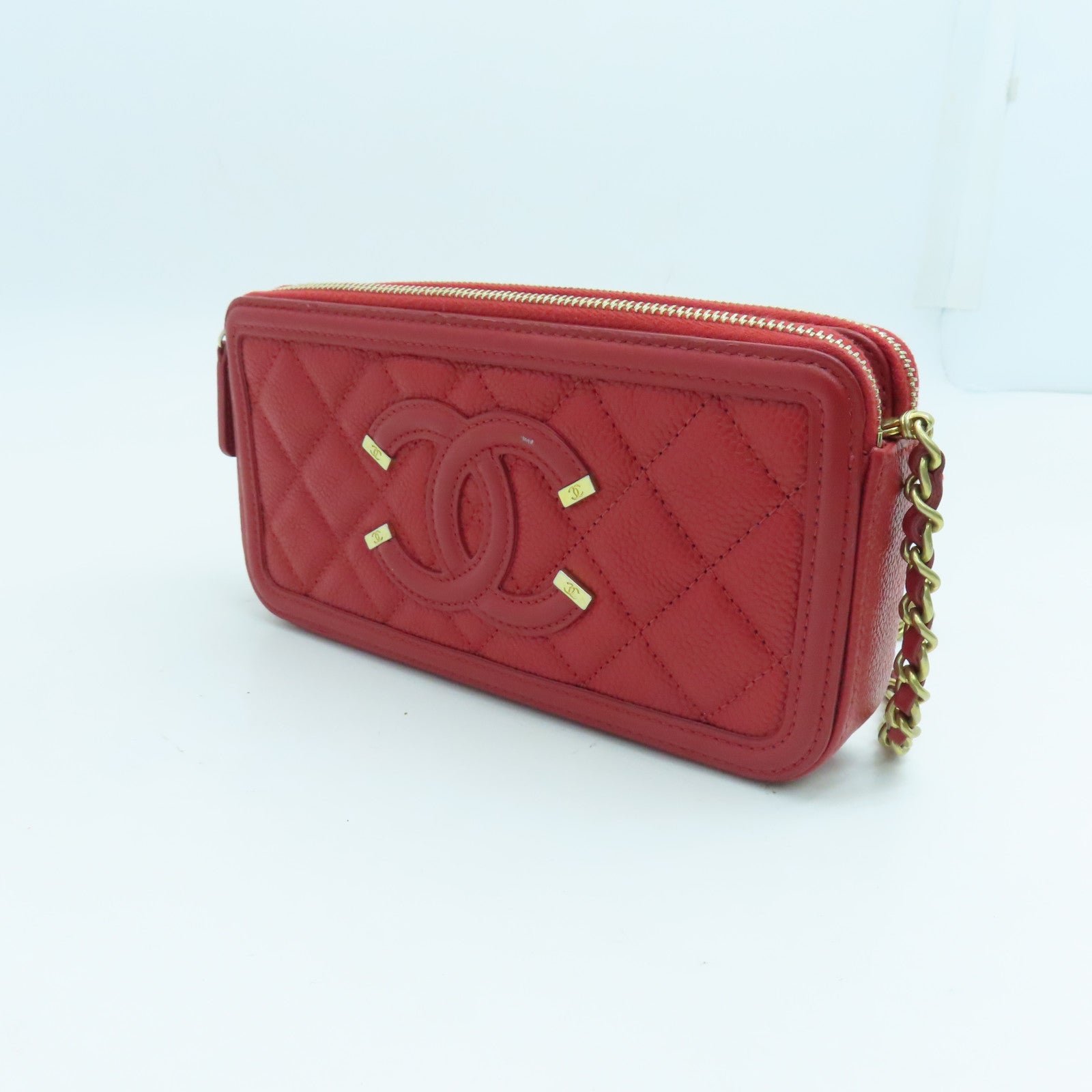 CHANEL 菱格Caviar皮革Shoulder Bag金扣肩背袋紅色