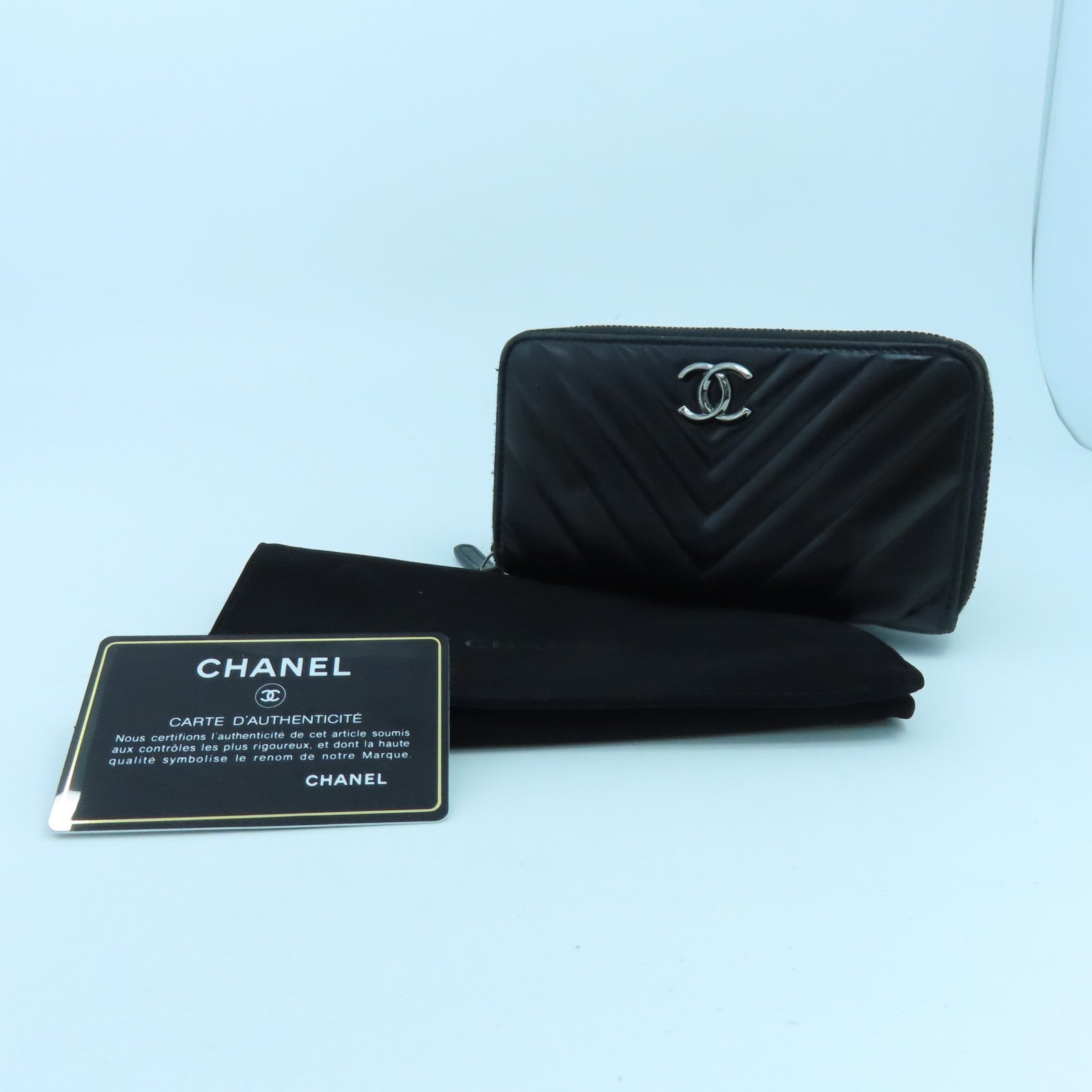 CHANEL 斜紋牛皮皮革Card Case銀扣卡片套黑色