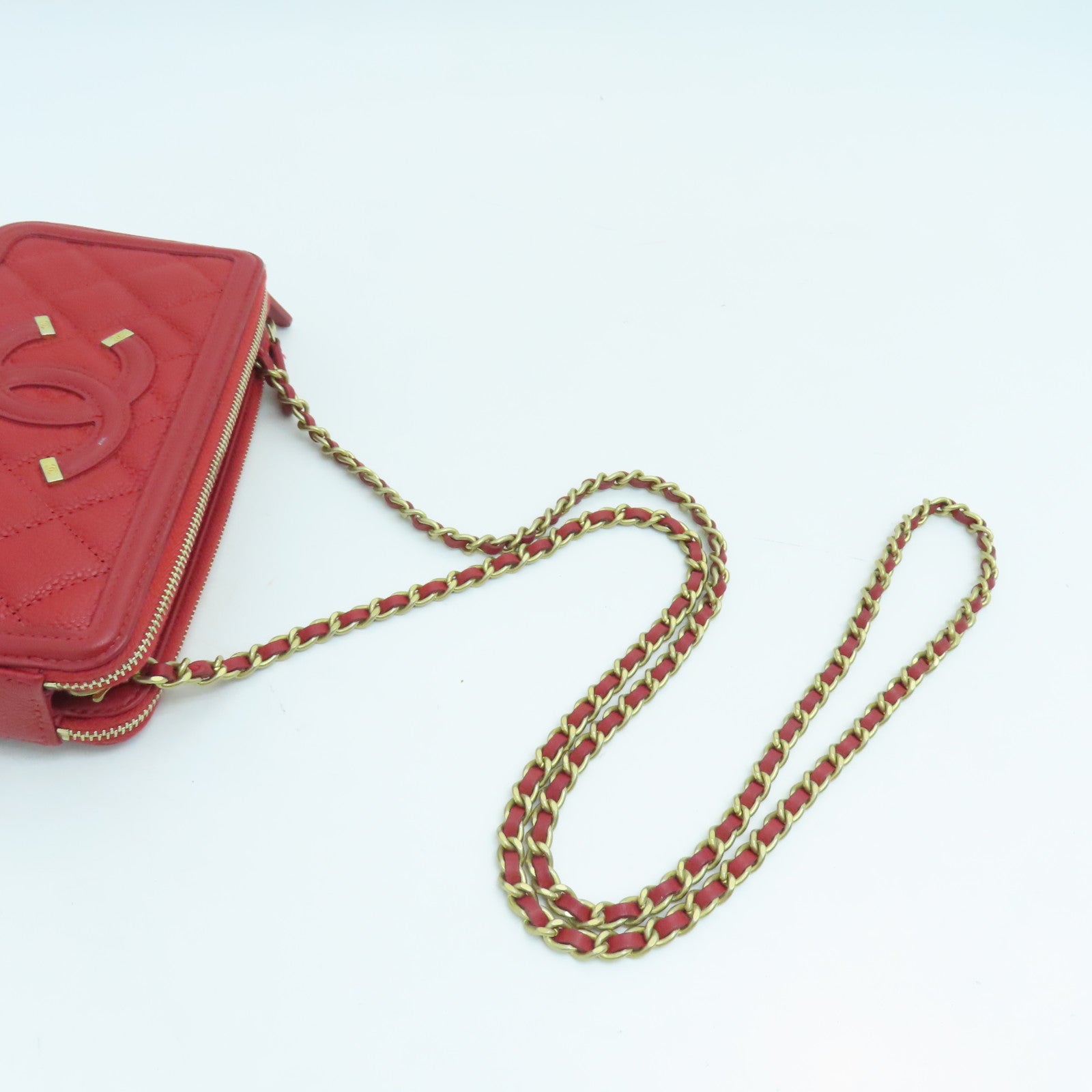 CHANEL 菱格Caviar皮革Shoulder Bag金扣肩背袋紅色