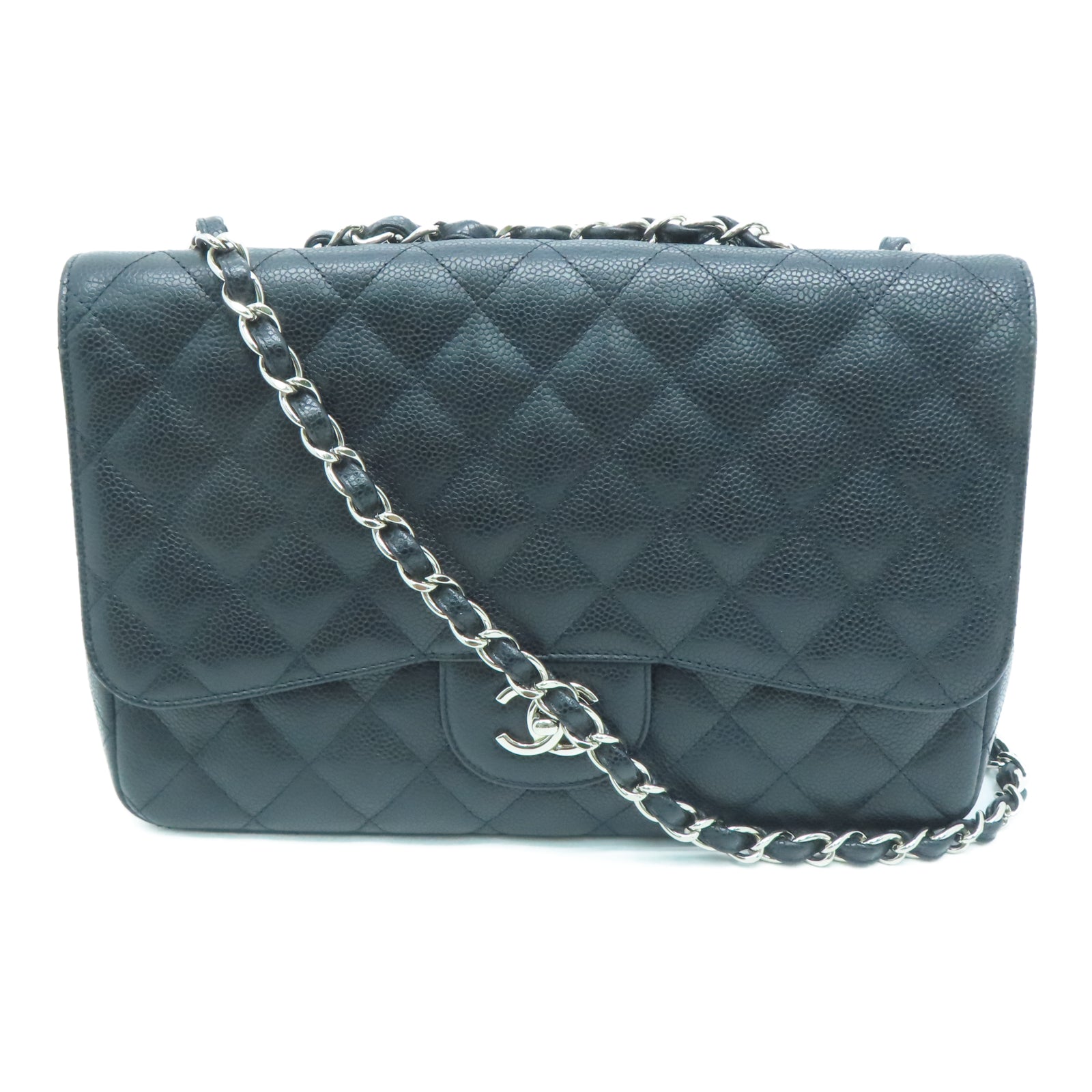 CHANEL 菱格Caviar皮革Chain Shoulder銀扣鏈帶肩背袋黑色