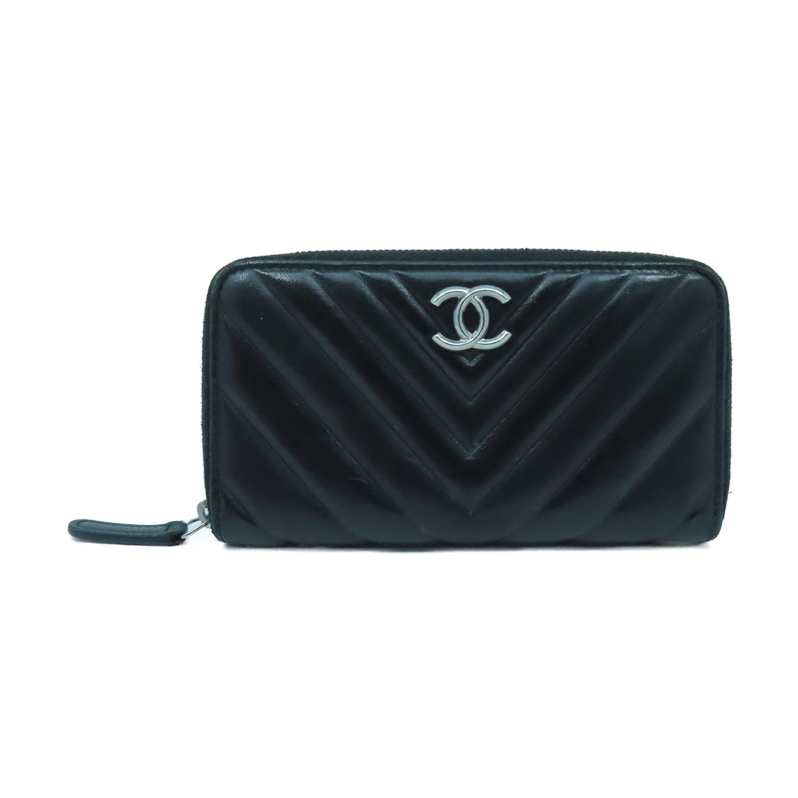 CHANEL 斜紋牛皮皮革Card Case銀扣卡片套黑色
