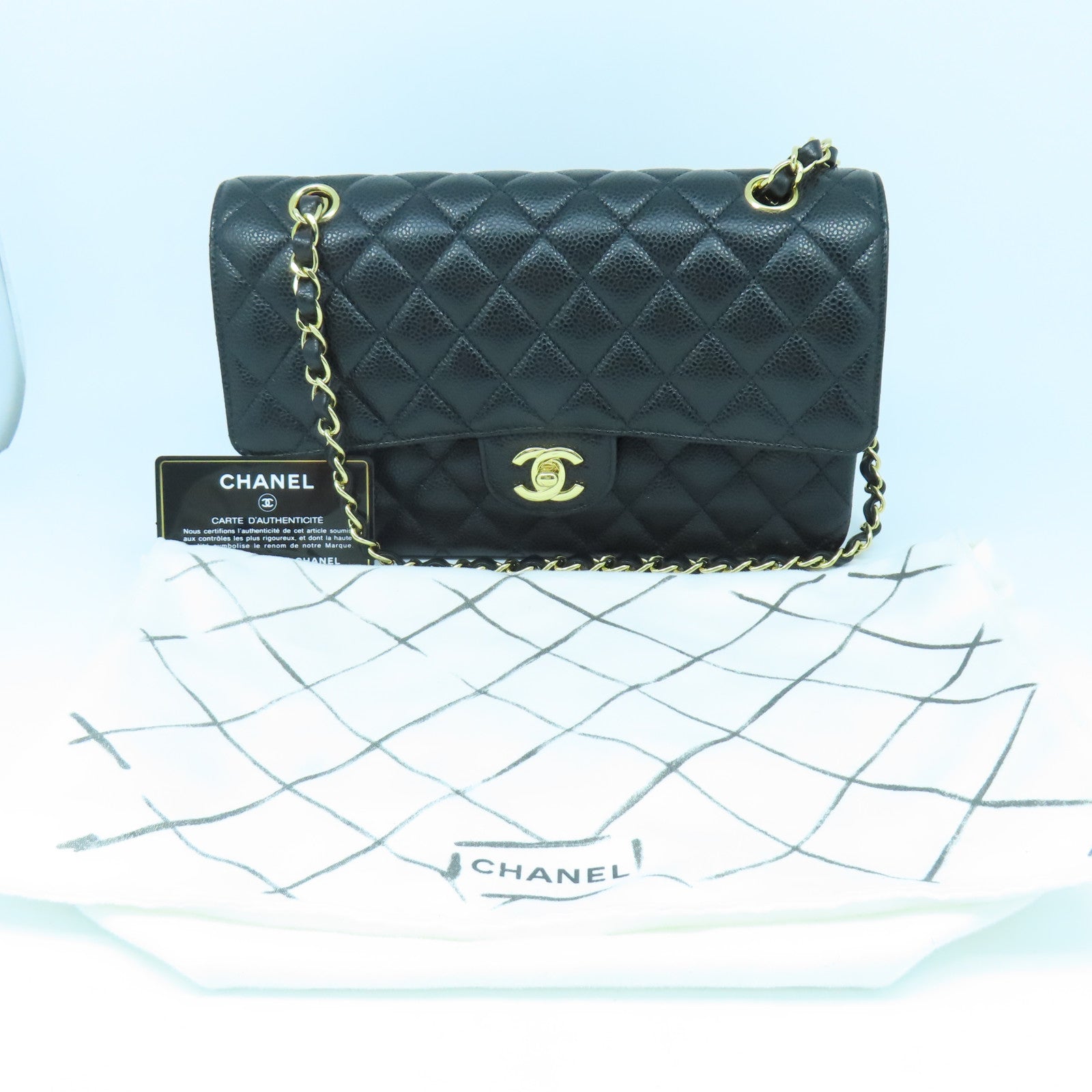 CHANEL 菱格Caviar皮革Classic 25金扣鏈帶肩背袋黑色
