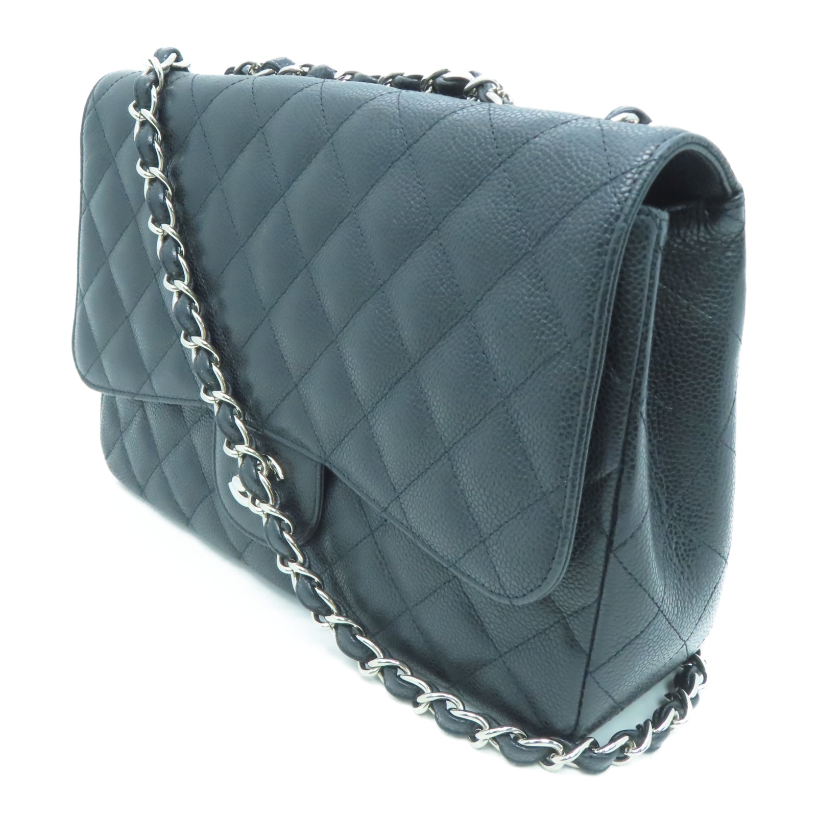 CHANEL 菱格Caviar皮革Chain Shoulder銀扣鏈帶肩背袋黑色