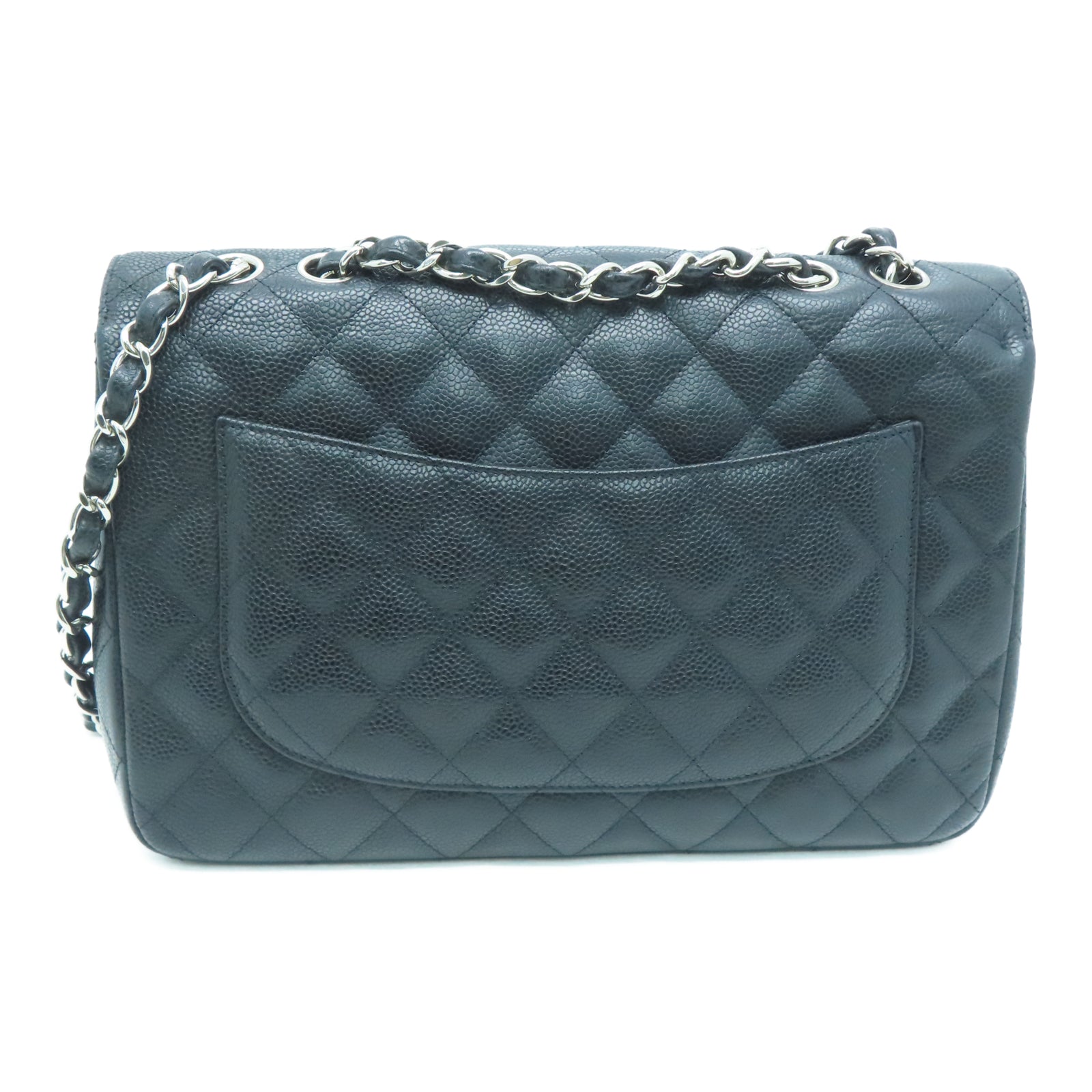 CHANEL 菱格Caviar皮革Chain Shoulder銀扣鏈帶肩背袋黑色